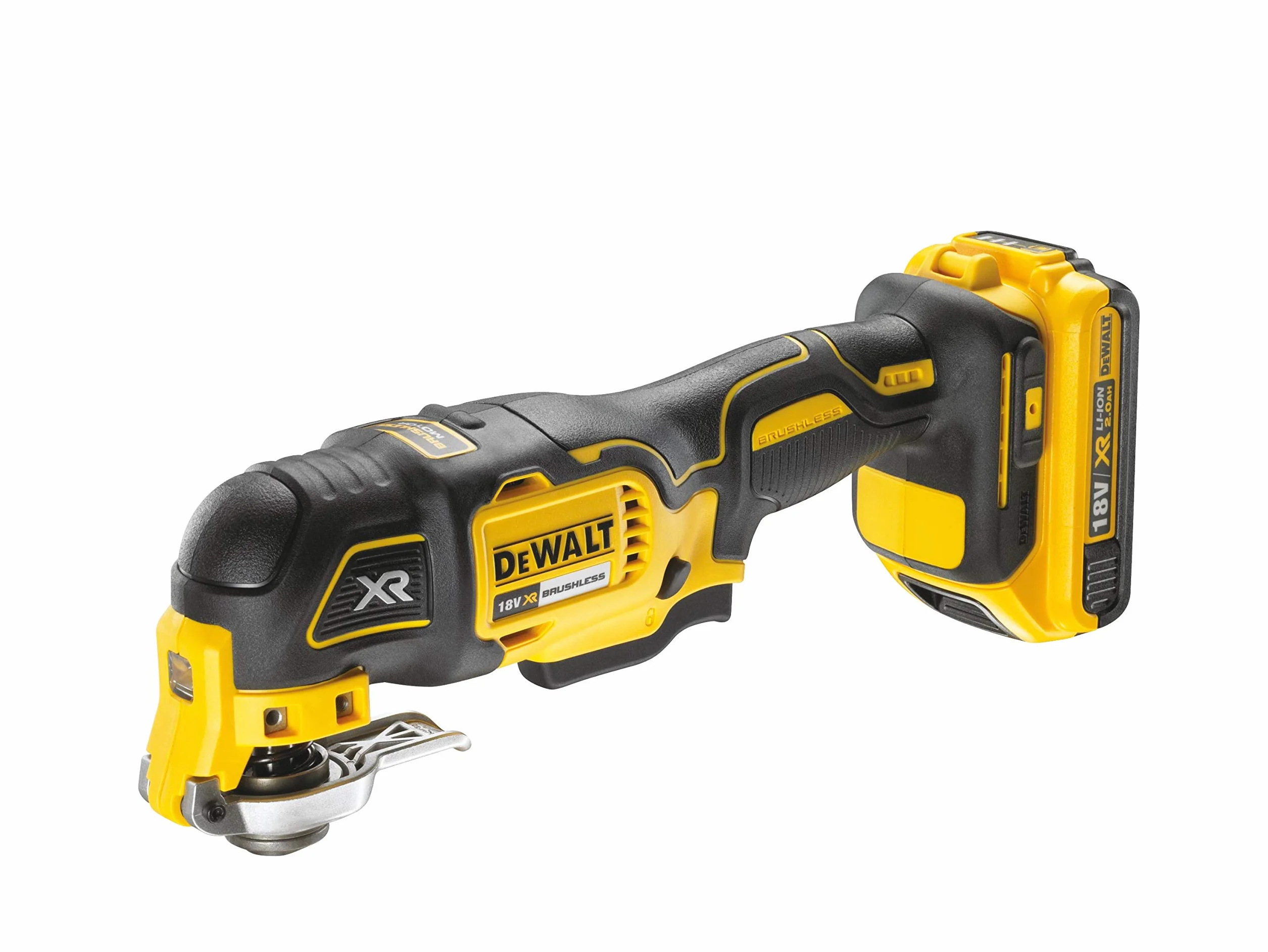 DEWALT Multi-Tool/ Multifunktionswerkzeug (18 Volt, 2,0 Ah Akku, bürstenlos, LED-Arbeitslampe, Airlock-System, inkl. 35-teiliges Zubehör-Set, 2 Akkus, Schnell-Ladegerät und TSTAK Box II) DCS355D2