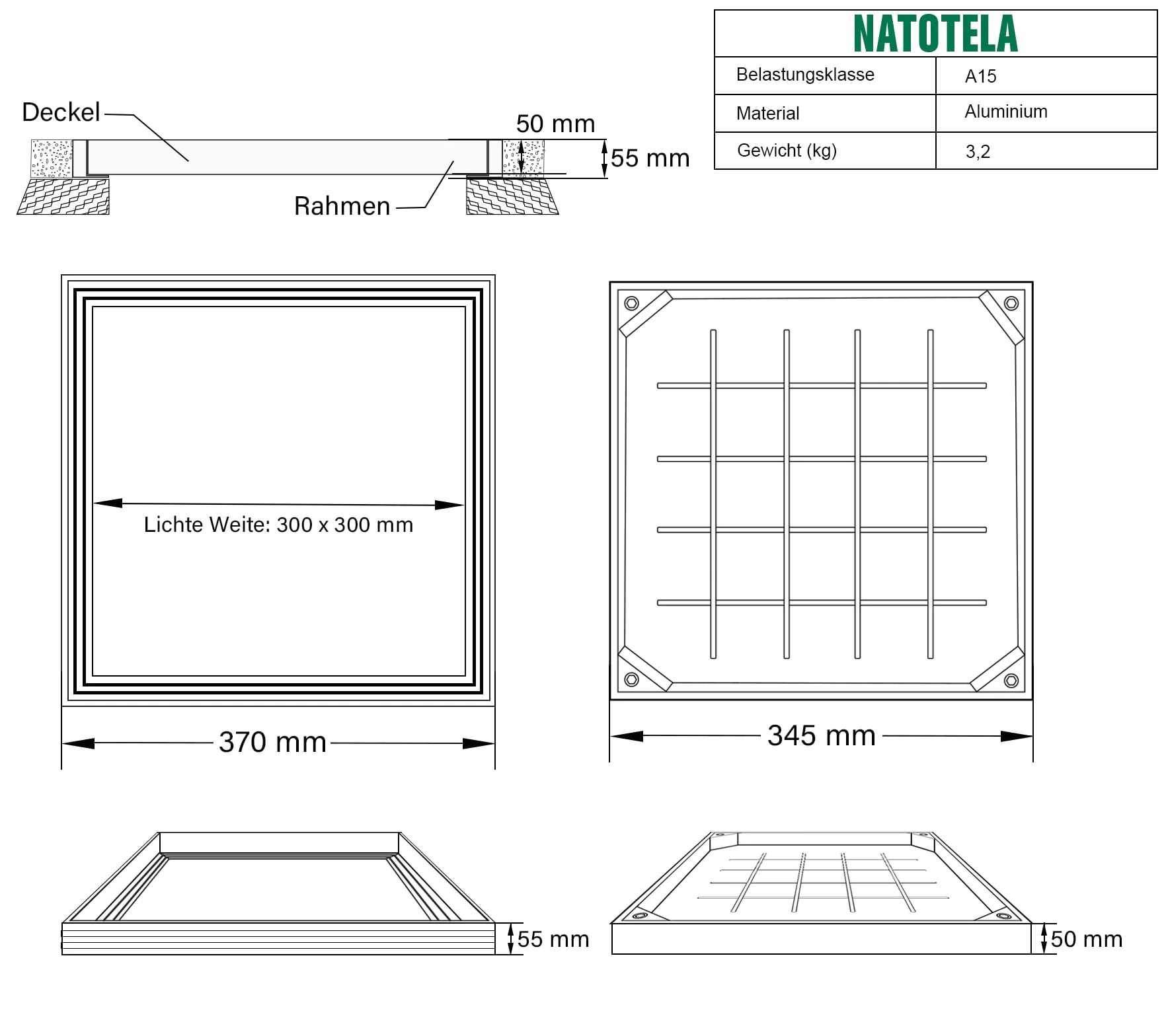 Schachtabdeckung Befliesbar Alu Lichte Weite: 300 x 300 mm | Höhe: 55 mm Schachtdeckel Auspflasterbar mit Dichtung ＆ Rahmen für Innen/Außen Geruchsdicht Wasserdicht Rostfrei inkl. Hebegriffen
