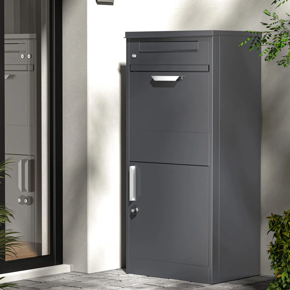 Paketkasten Anthrazit 500 x 370 x 1120 mm, Paketbox Zuhause, Private Paketannahme passend für Pakete und Päckchen, Standbriefkasten Stahl