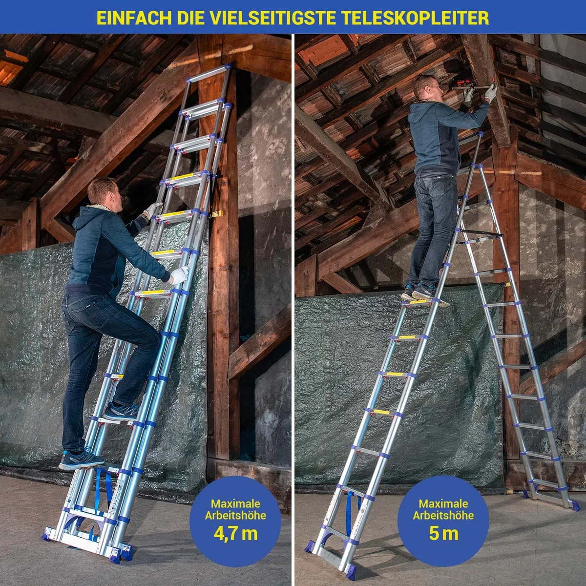 HOSTRÖM Teleskop-Trittleiter 12 Stufen EXTENDACT12, Teleskopleiter 3,5m+3,2m, Faltbare Trittleiter, Stabilisator, Max. Arbeitshöhe 5m, 5 Jahre Garantie