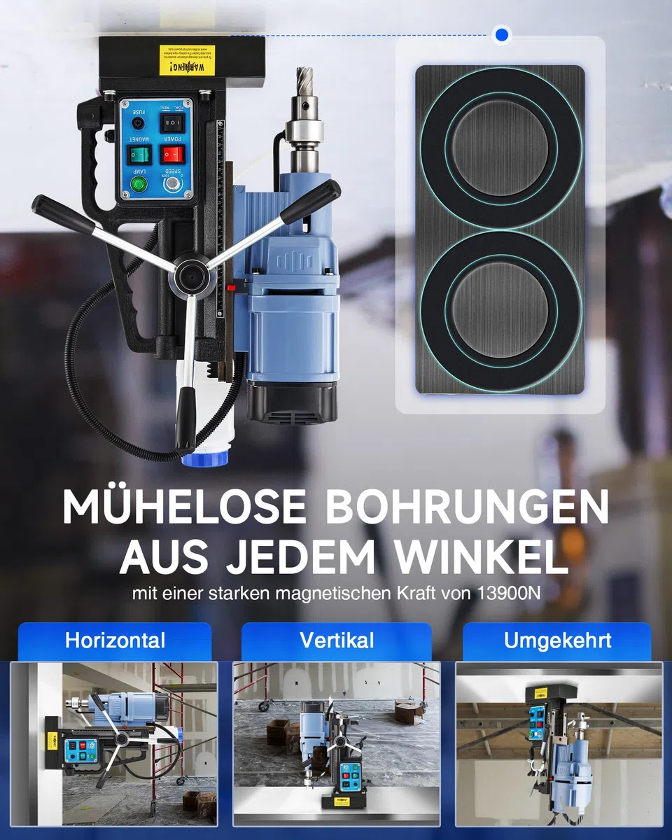 ZELCAN Magnetbohrmaschine, 1550W Standbohrer, 13900N Anpresskraft, 650 U/min, 50mm Bohrtiefe. Lieferung mit 11 HSS-Bohrern 12–27mm und Drehzahlregelung für gewerbliche Metallbearbeitung
