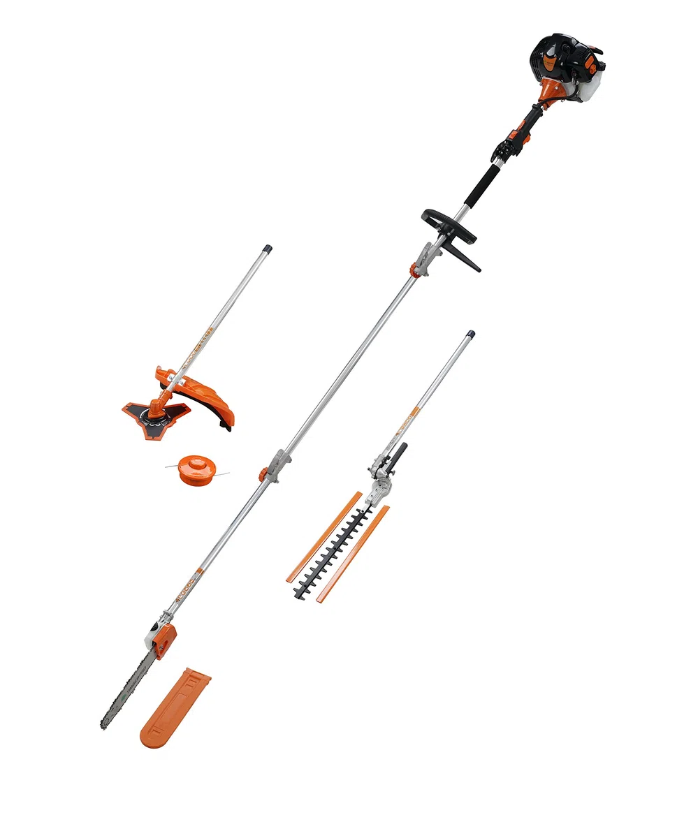 52 cc Benzin 5-in-1-Multi-Elektrowerkzeug mit Langer Reichweite: Heckenschere, Kettensäge, Rasentrimmer, Buchsenschneider + gratis Verlängerungsstange