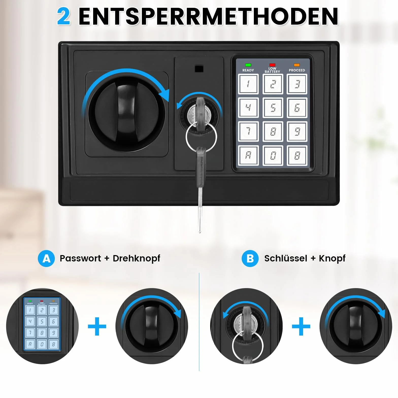 Klein Tresor für Zuhause, 15L Digitaler Möbeltresor Klein mit Feuerfester Wasserdicht Geldtasche, Heimtresor mit Zahlencode und Schlüssel, Wandtresor Sicherheitssafe für Geld Medikamente Schmuck