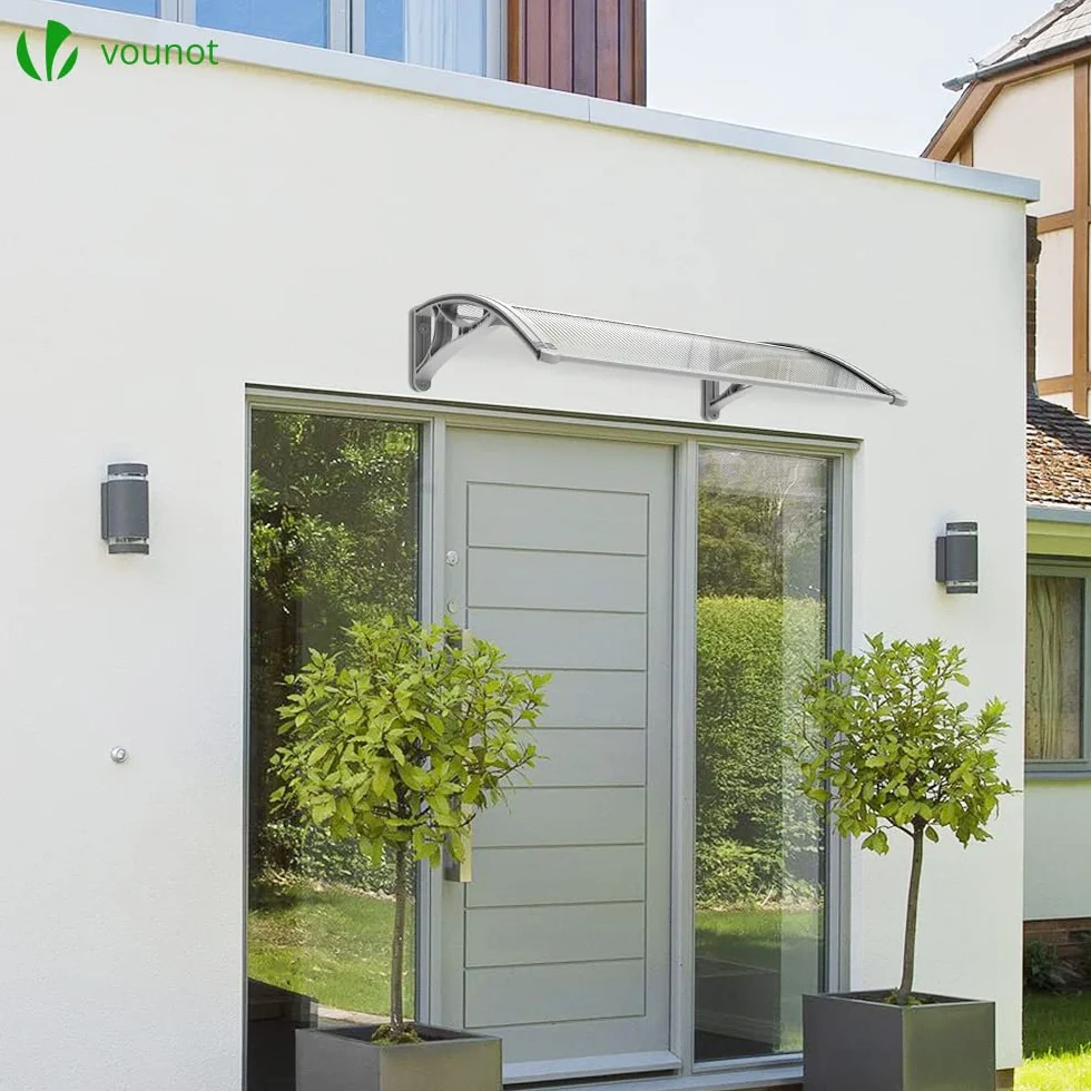 VOUNOT Vordach für Haustür 120 x 80 cm, Überdachung Haustür aus Aluminium und Polycarbonat, Transparentes Pultbogenvordach, Pultvordach