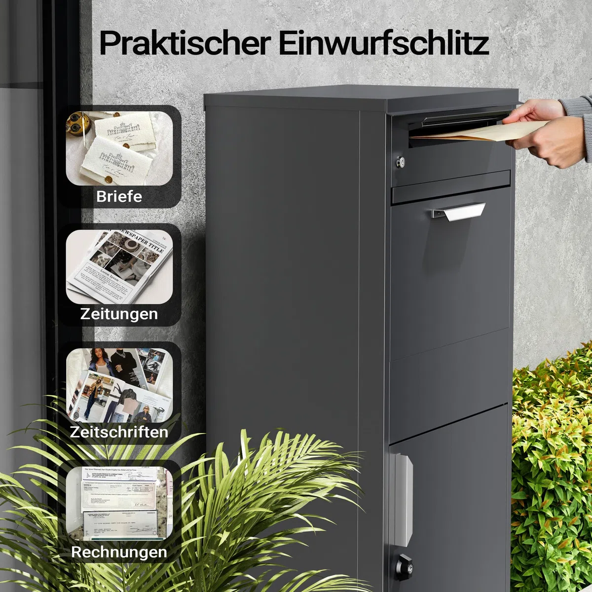 Paketkasten Anthrazit 500 x 370 x 1120 mm, Paketbox Zuhause, Private Paketannahme passend für Pakete und Päckchen, Standbriefkasten Stahl