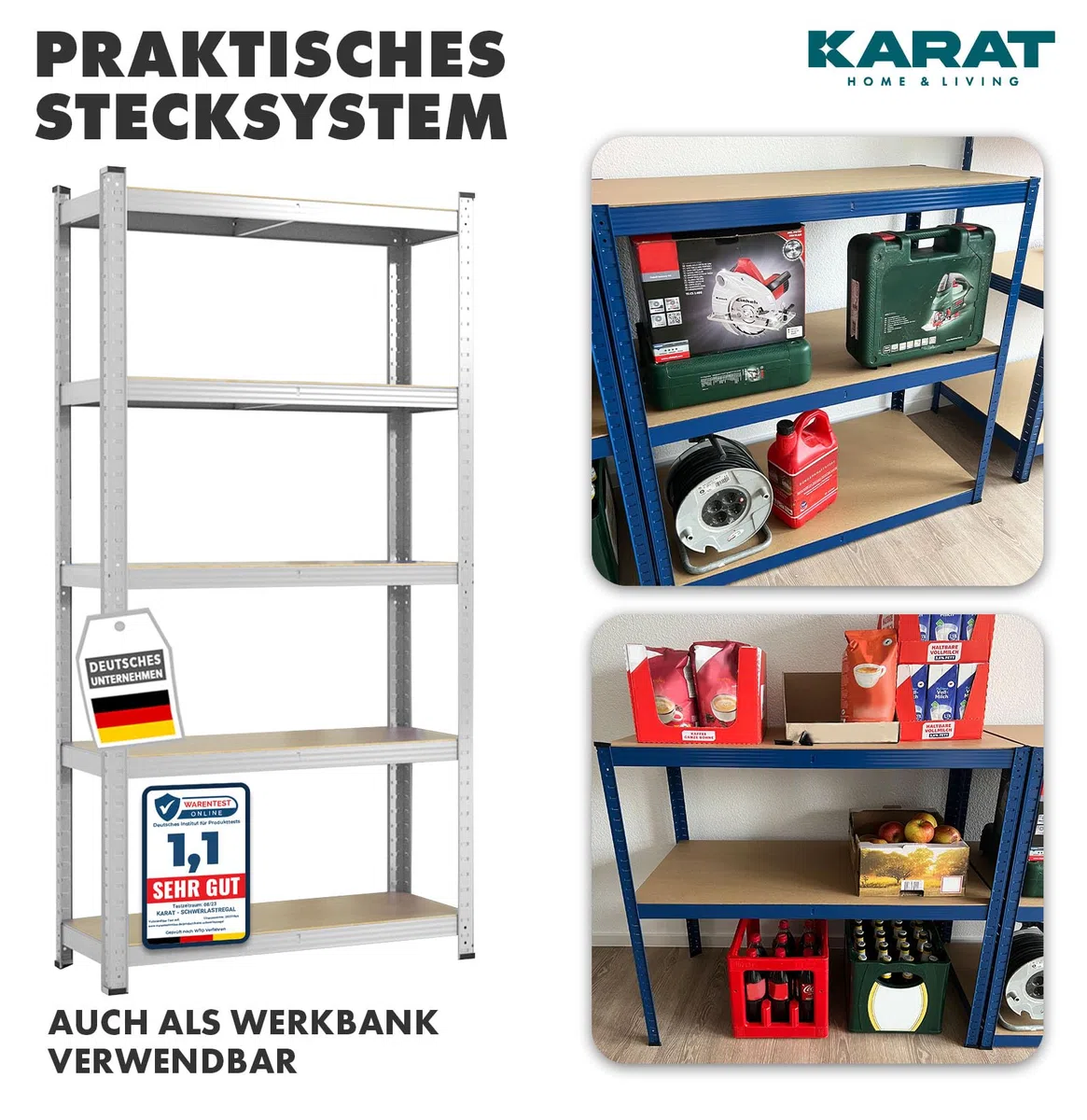 KARAT Schwerlastregal, 180 x 90 x 60 cm Steckregal, Kellerregal, Lagerregal, Metallregal - aus Stahl Metall - 5 verstellbare Böden (Verzinkt)