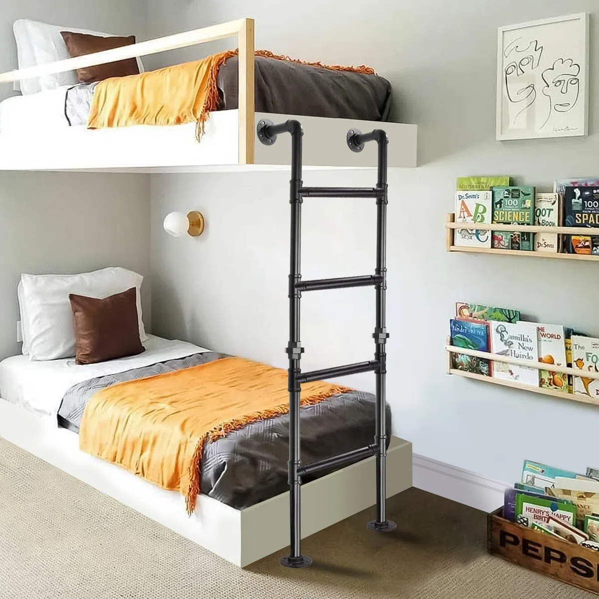4-Sprossen Wandleiter aus schwarzem Metall, 146 cm/4.8FT, bis 150 kg belastbar, Wand- und Bodenmontage, Robuste Ausstiegsleiter für Etagenbett, Loft, Dachboden, und Kellerfensterschacht