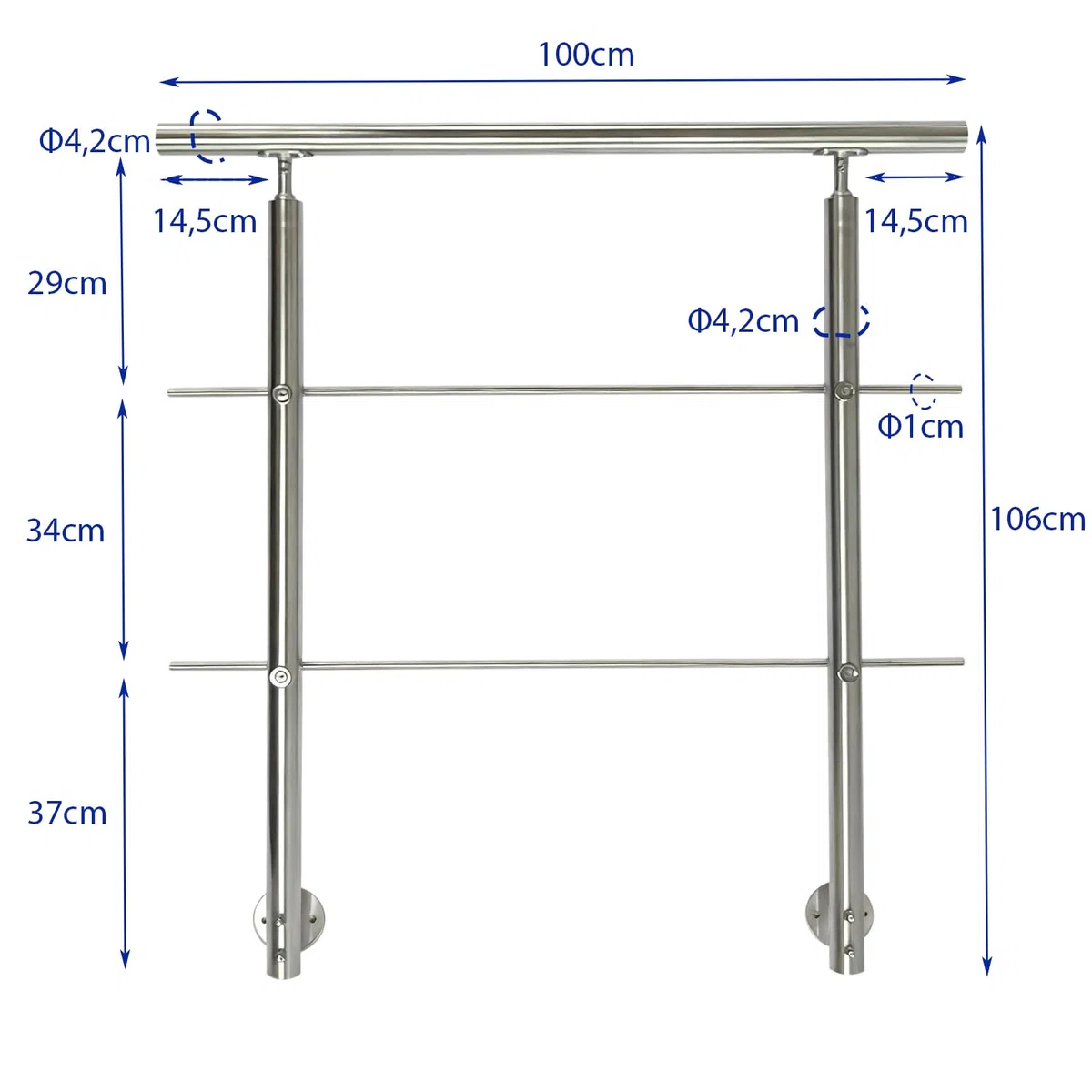 V2A Edelstahl Geländer für Seitliche Montage - Treppengeländer mit 2 Querstreben für Treppen Brüstung Balkon - Innen und Außen Handlauf Geländer Treppengeländer (100CM, 2 Querstreben)