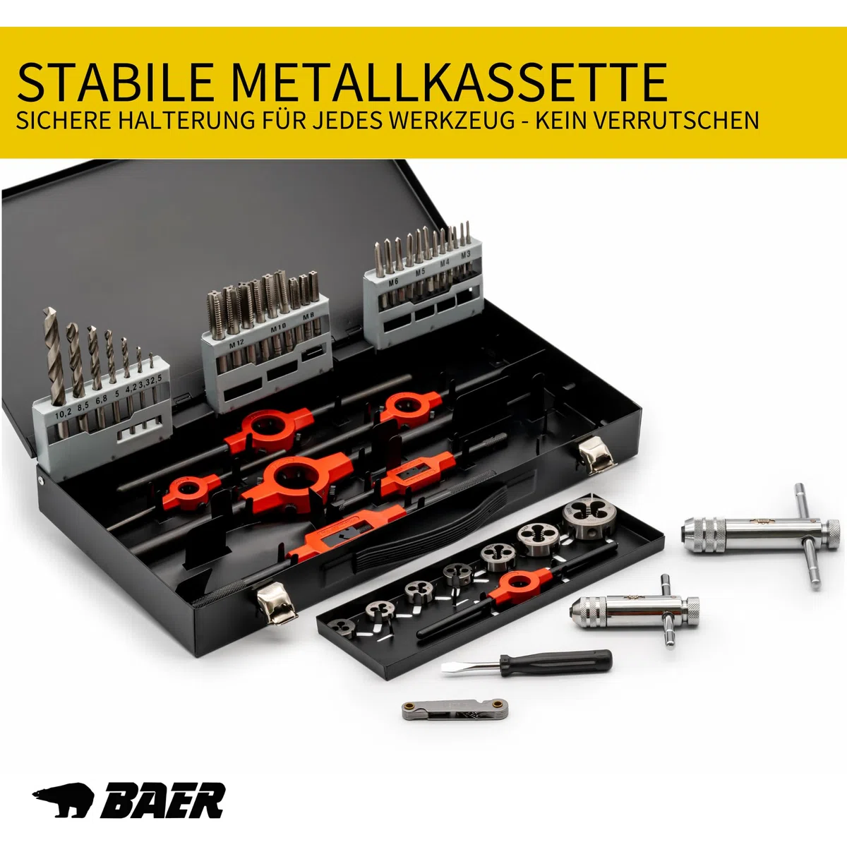 BAER Gewindeschneider Set 30-tlg. M3–M12 HSS-G | Handgewindebohrer + Schneideisen DIN 352/DIN 13 | Windeisen & Schneideisenhalter in Metallkassette | Profi Gewindeschneidsatz Innen- & Außengewinde