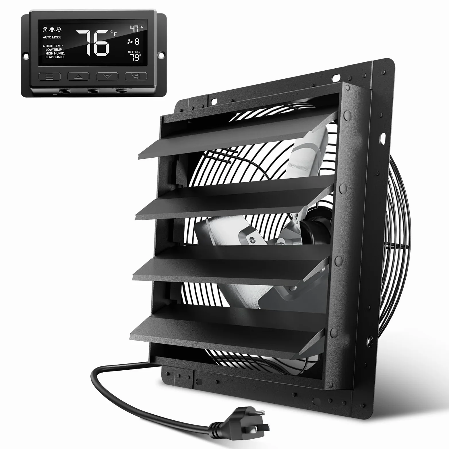 Hon&Guan Industrielle Abluftventilator 350mm EC-Motor Super Luftmenge 2200m³/h Wandventilator mit Teuchtigkeitssensor Temperatursensor Ganzmetallgehäuse Fensterläden Wandlüfter für Keller Garage Attic
