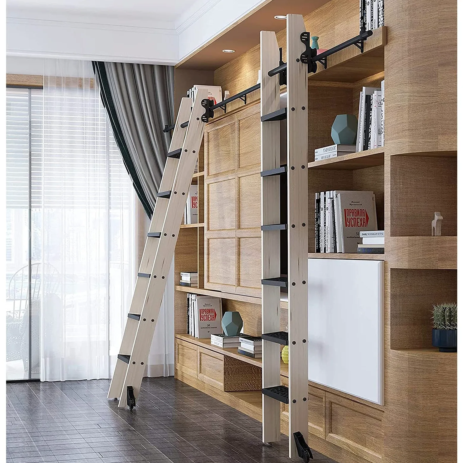 Retactable Rolling Ladder Hardware Library Slide Ladder Hardware Kit, Black Steel Rolling Library Leiter Hardware, Home/Office/Bibliothek Scheune Style Sliding Track Kit