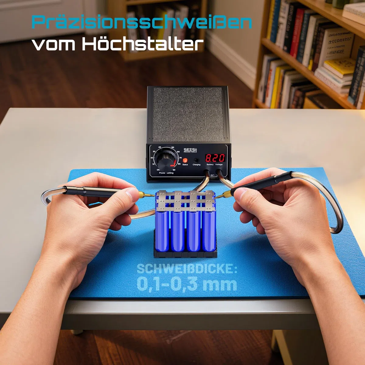 SEESII Doppelimpuls Punktschweißgerät für Akkus: 9600mAh Kabelloses Schweißgerät mit Echtzeit Spannungsanzeige, Einstellbaren Stufen, Fußbetätigt, für Reparatur, Montage von Batteriepacks