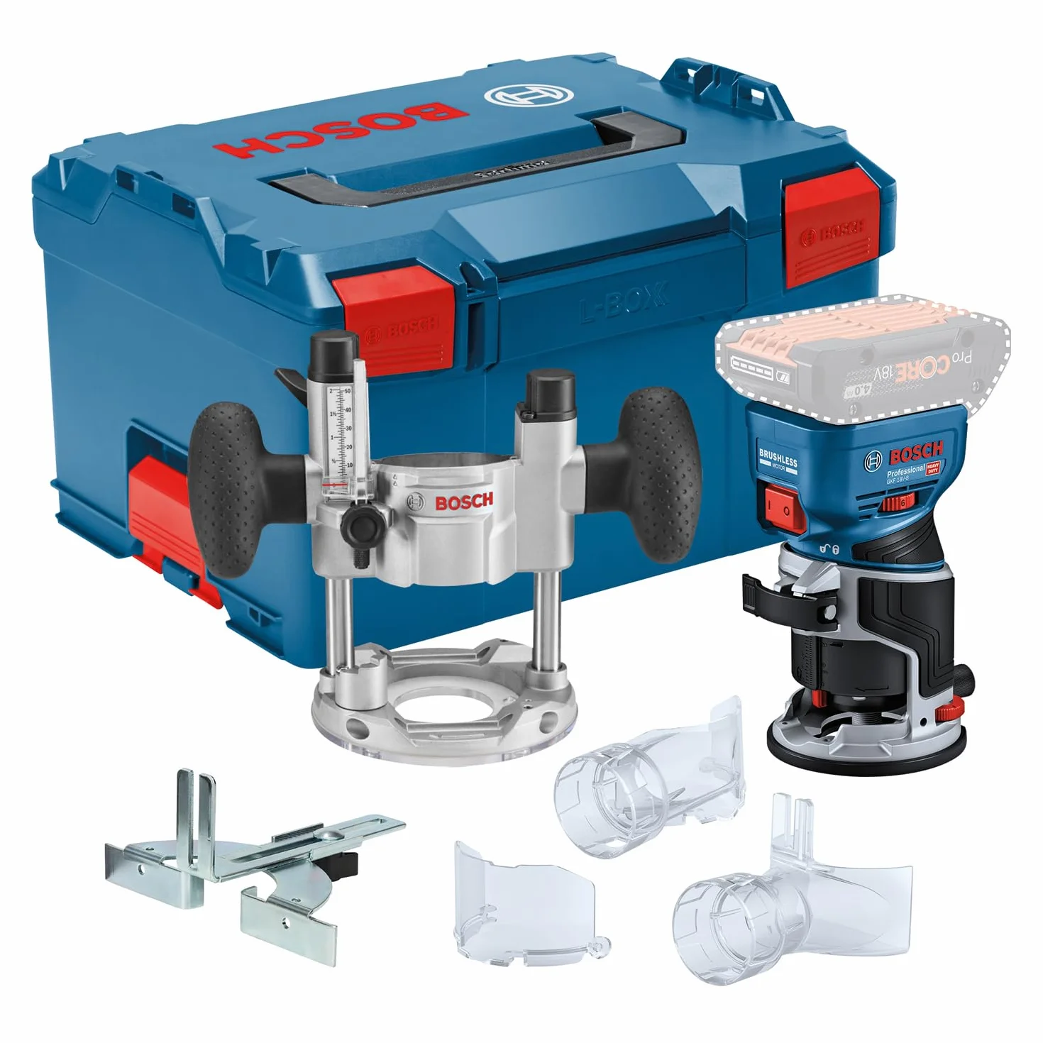 Bosch Professional 18V System Akku-Kantenfräse GKF 18V-8 (Parallelanschl., 2x Saugadapter Fr., Spanschutz, 8mm-Spannz., Spannschl., TE-Taucheinheit, 2x Saugadapter Taucheinh., L-BOXX o. Akku/Ladeger.)