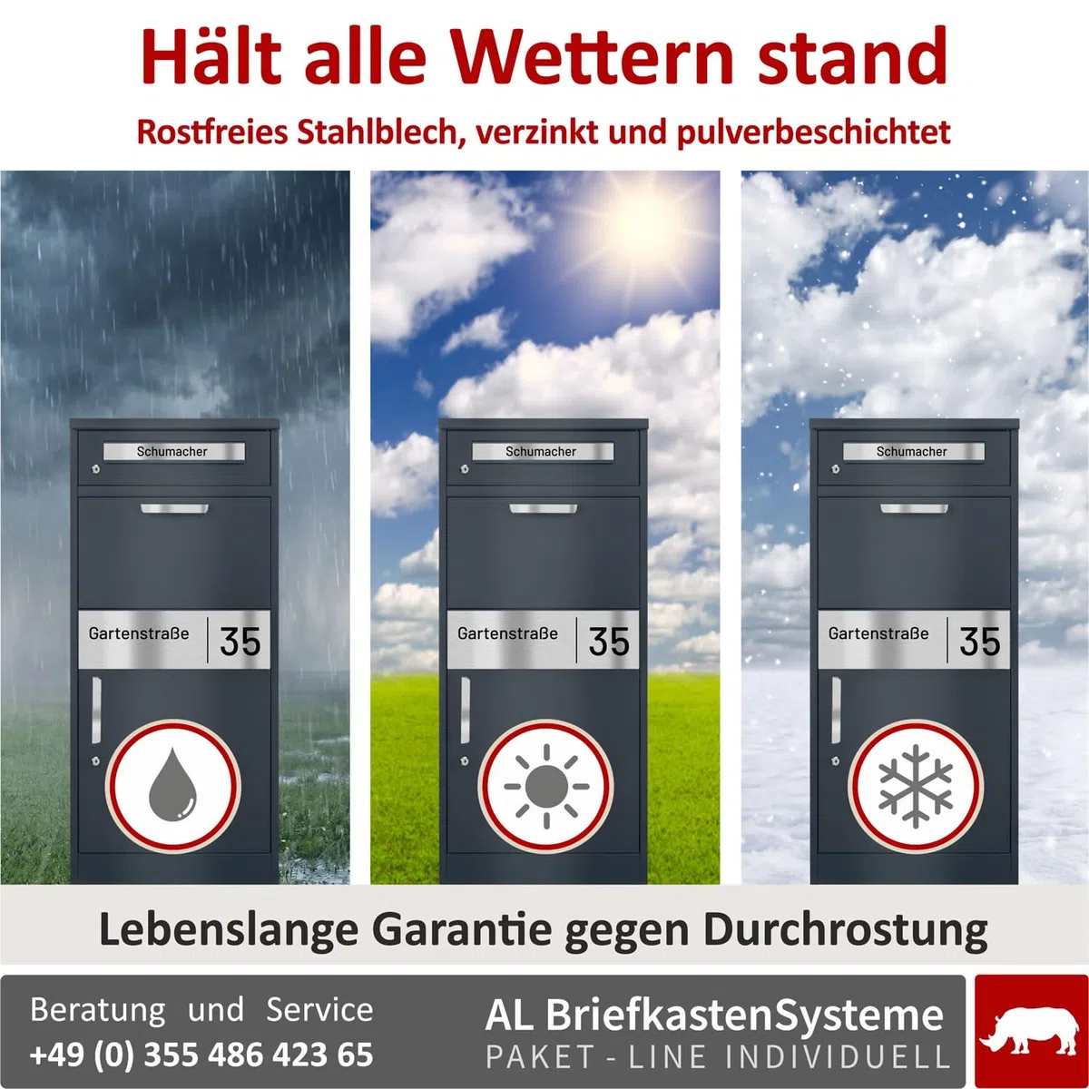 AL Paket-Line - Briefkasten mit Paketfach groß XXL wetterfest mit Namensgravur Paketbriefkasten freistehend drinnen und draußen rostfrei Anthrazit RAL 7016 Paketbox modern massiv mit Rückholsperre