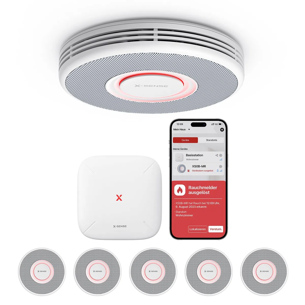 X-Sense Smarter Rauchmelder WLAN mit Sprachausgabe und 17 Standorten, Feuermelder, Rauchmelder vernetzt, 33 mm, Brandmelder mit SBS50 Basisstation, XS0B-MR61, 6 Stück