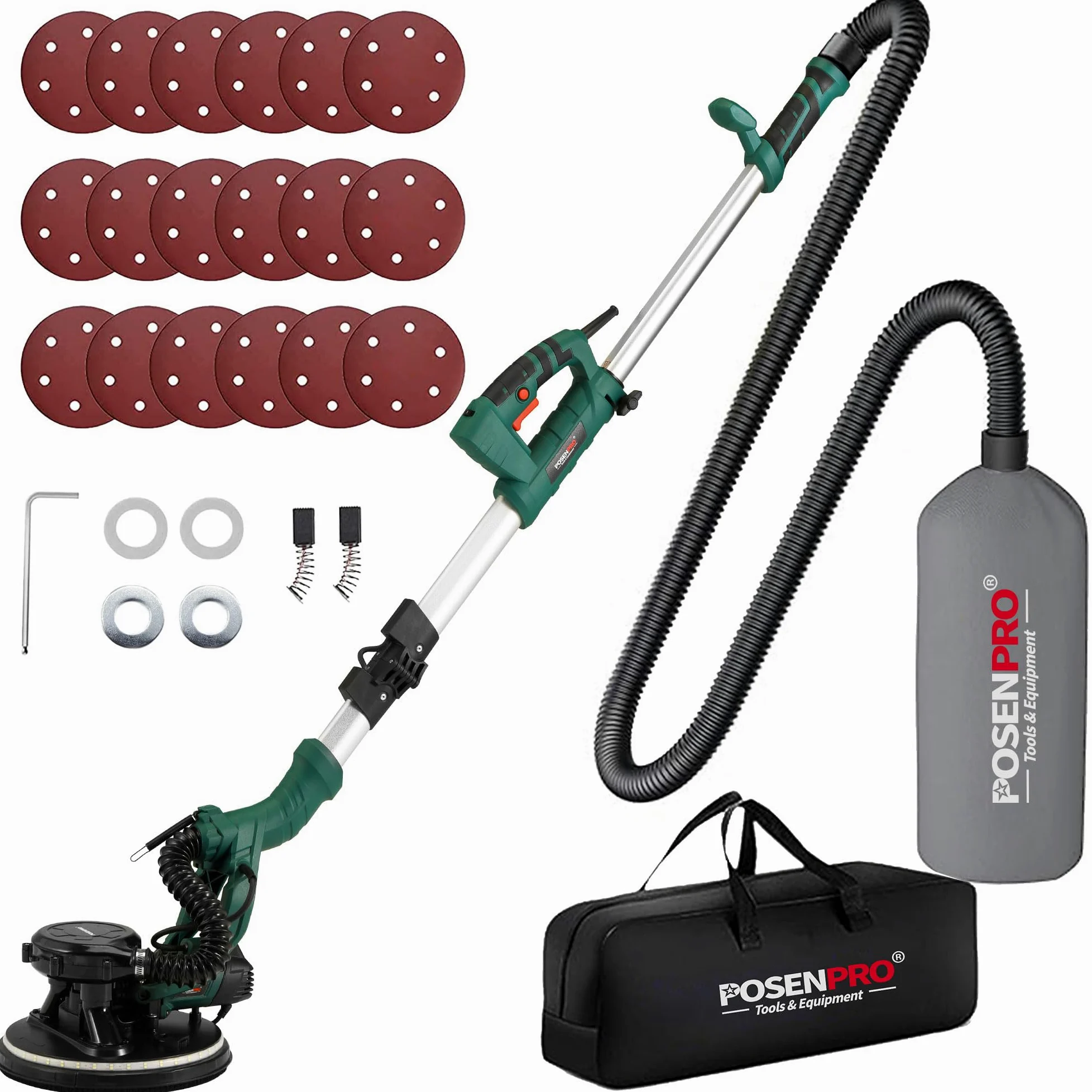 POSENPRO Trockenbauschleifer, Wand & Deckenschleifer, 810W Wandschleifer mit LED und Teleskopstiel, 215mm Schleifsch, Faltbarem Griff, neigbarer Kopf, inkl. 18x Klett-Schleifscheiben