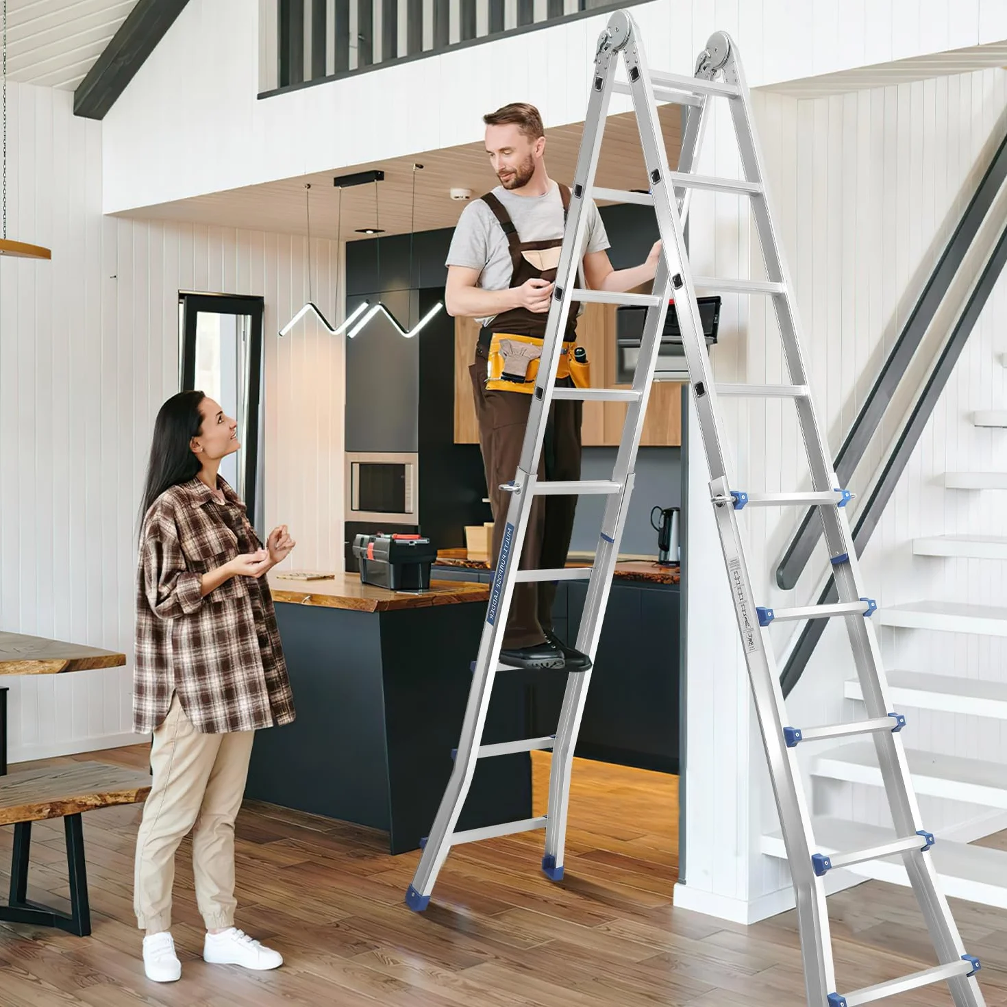 Aluleiter Mehrzweckleiter, 513CM 4x5 Sprossen Teleskopleiter, 4 in 1 Klappleiter 150 kg Belastbarkeit, Bockleiter Schiebeleiter, Beidseitige Steh und Treppenleiter