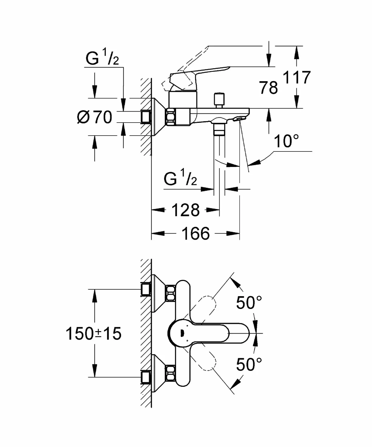 GROHE BauEdge, Badewannenarmatur (Duscharmatur für die Badewanne, Mischbatterie mit automatischer Umstellung Wanne/Brause, mit integriertem Rücklaufventil, S-Anschlüsse), chrom, 23334000
