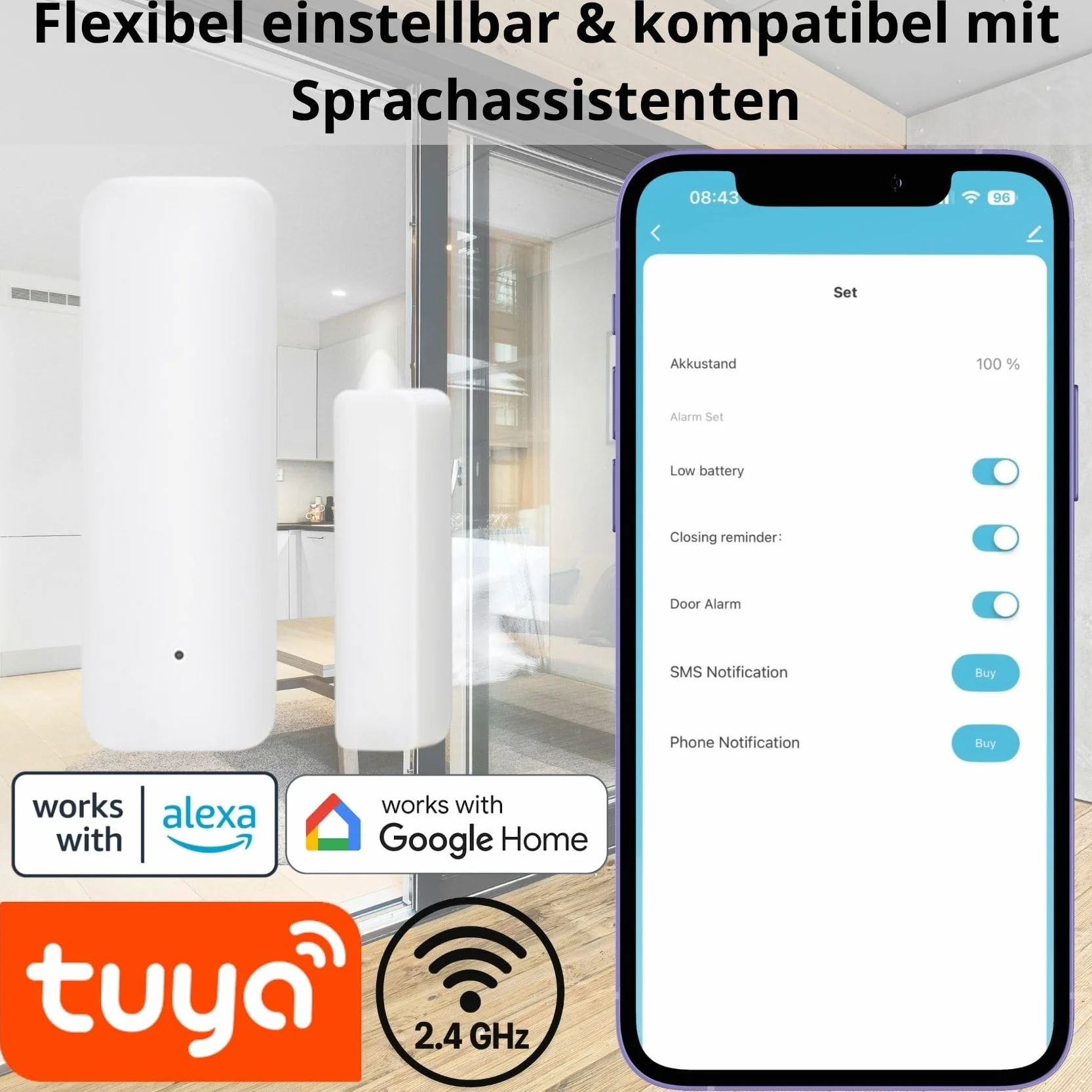 Sone Smart One Türsensor Alarm, Fenstersensor Drahtloser. Alarm in Echtzeit. WLAN WiFi Smart Life/Tuya App kompatibel mit Alexa/Google Home