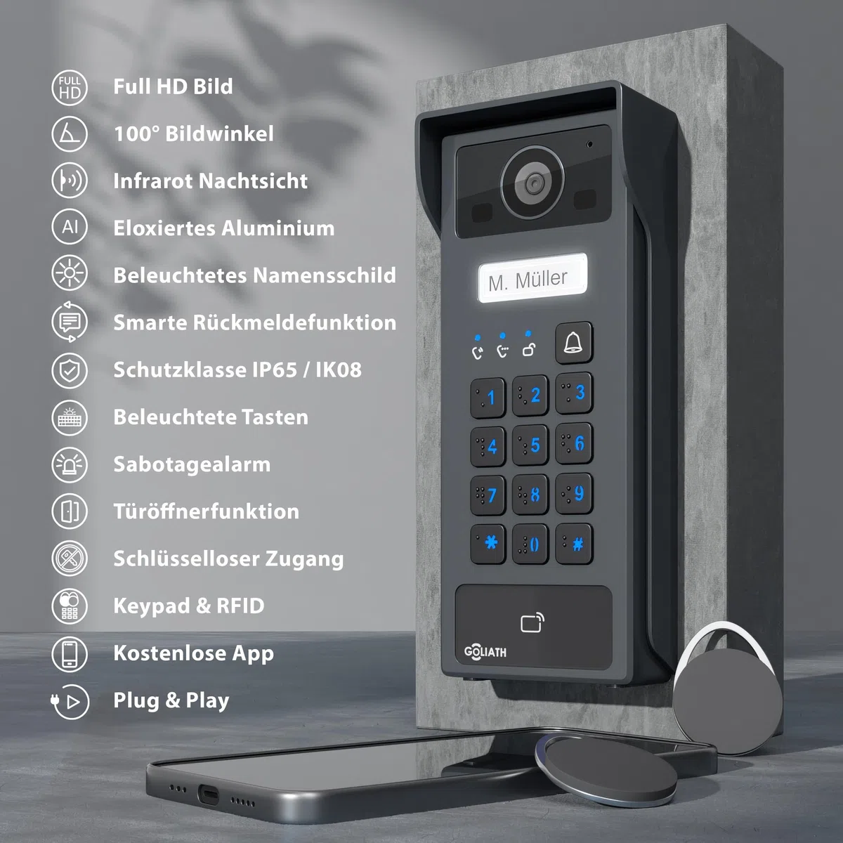 GOLIATH Basic 2-Draht Bus Video-Türsprechanlage, Full-HD, App-Steuerung, 2X 7 Zoll Monitore in Weiß, RFID & Keypad, 1-Familienhaus, Aufputz, AV-BLS-K-02W