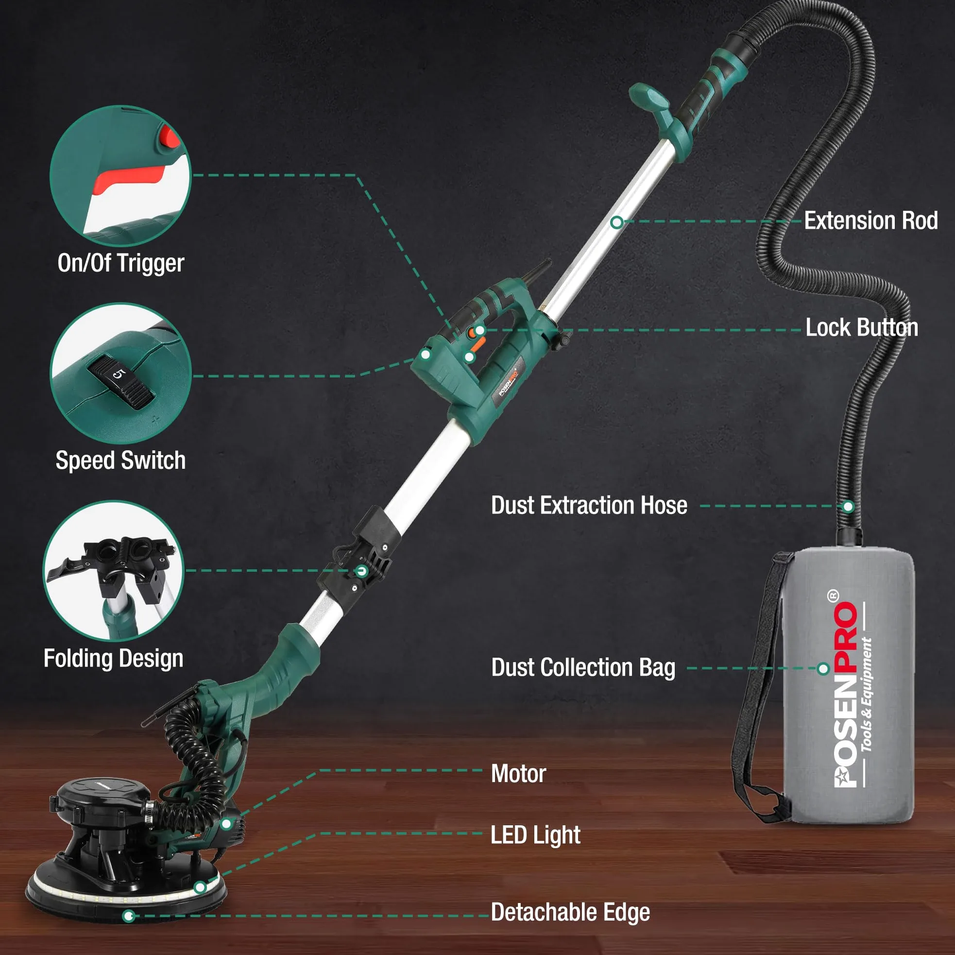 POSENPRO Trockenbauschleifer, Wand & Deckenschleifer, 810W Wandschleifer mit LED und Teleskopstiel, 215mm Schleifsch, Faltbarem Griff, neigbarer Kopf, inkl. 18x Klett-Schleifscheiben