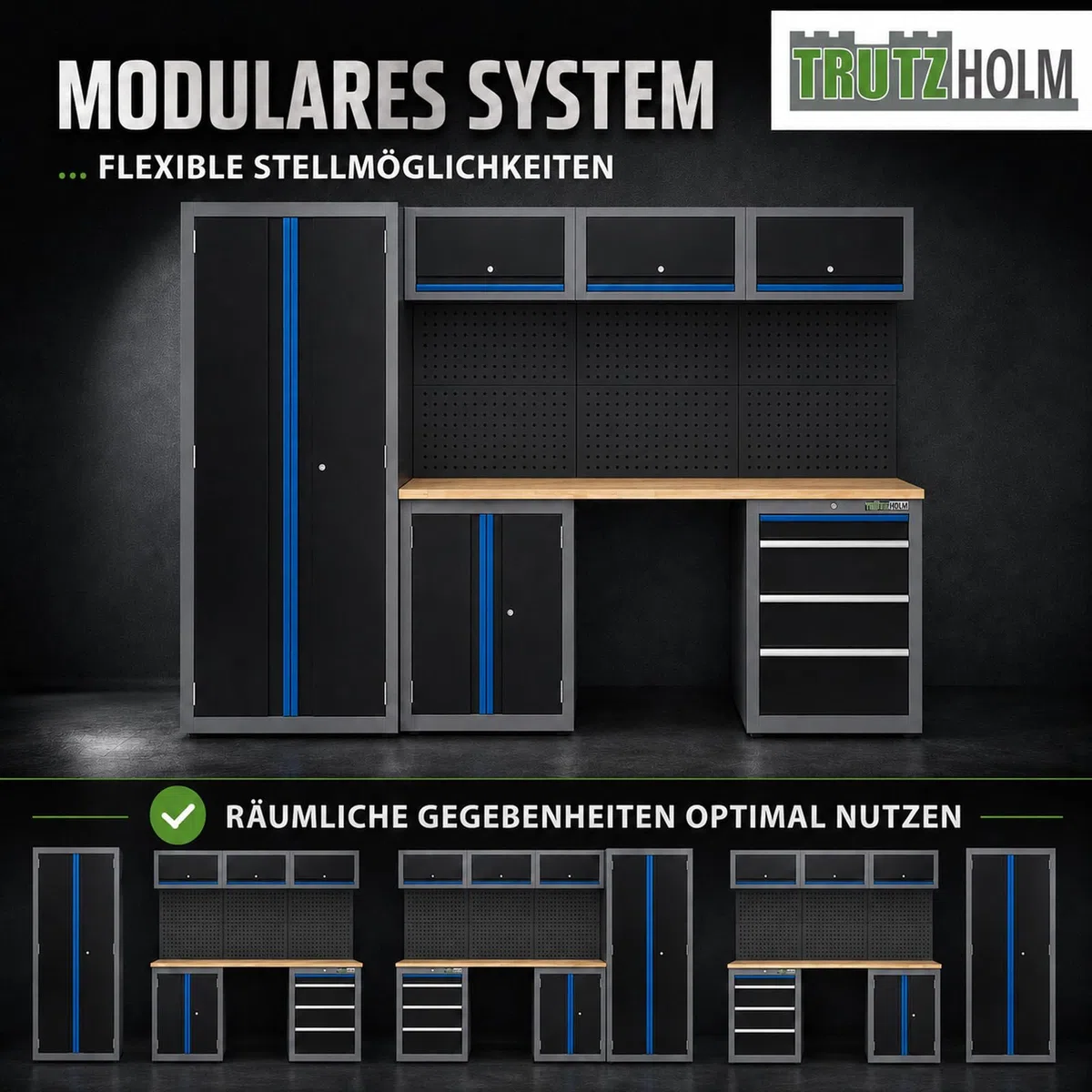 TRUTZHOLM Werkstattwand 13 tlg. aus Stahl 260 x 183 cm modulares Werkstattschranksystem flexibel stellbar & abschließbar mit Holzarbeitsplatte Hochschrank Schubladen Lochwand für Werkstattorganisation