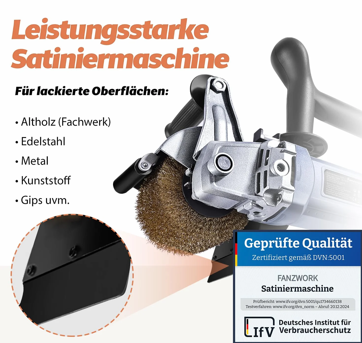 FANZWORK V2 1500 Watt Satiniermaschine Schleifmaschine Bürstenschleifgerät zur Renovierung von Oberflächen, mit Staubsaugung-Anschluss, Drehzahlregelung, Kugelgriff, Stahldraht & Nylon Bürste