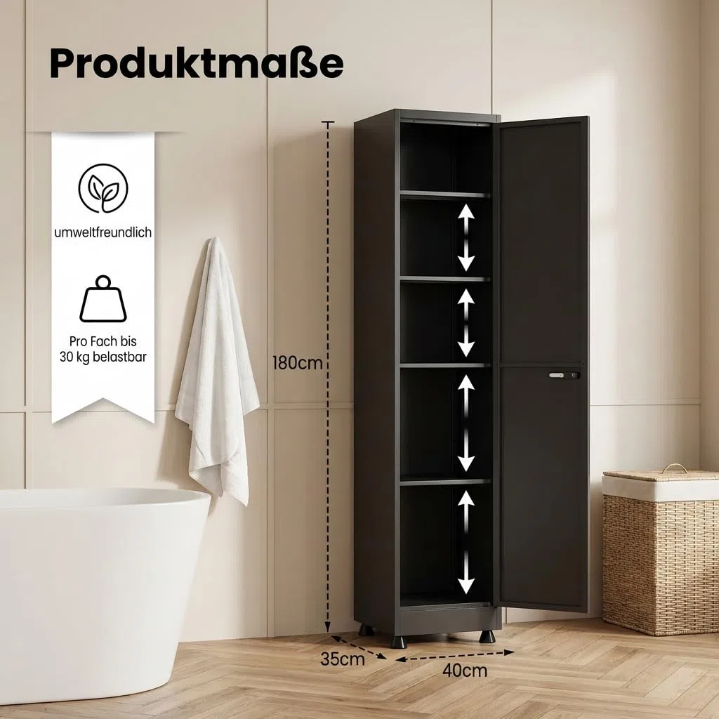 Spind Schrank, Mehrzweckschrank, Stahlschrank 40 cm breit, Aktenschrank Abschließbar mit 1 Tür & 4 Einlegeböden, Büroschrank für Ecke, Badezimmer, Küche, 180x40x35cm Schwarz