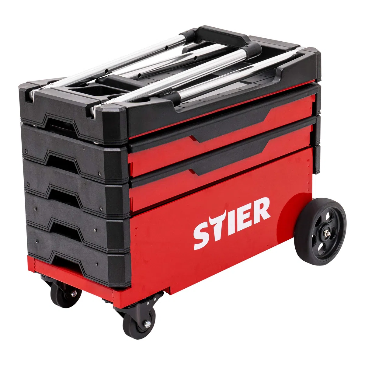 STIER Montagewagen, klappbar, 80kg Tragkraft, LxBxH 700x380x535 eingefahren, LxBxH 700x380x900mm ausgefahren, rollende Werkstatt, für Kleinteile und große Werkzeuge, Werkzeugkasten leer