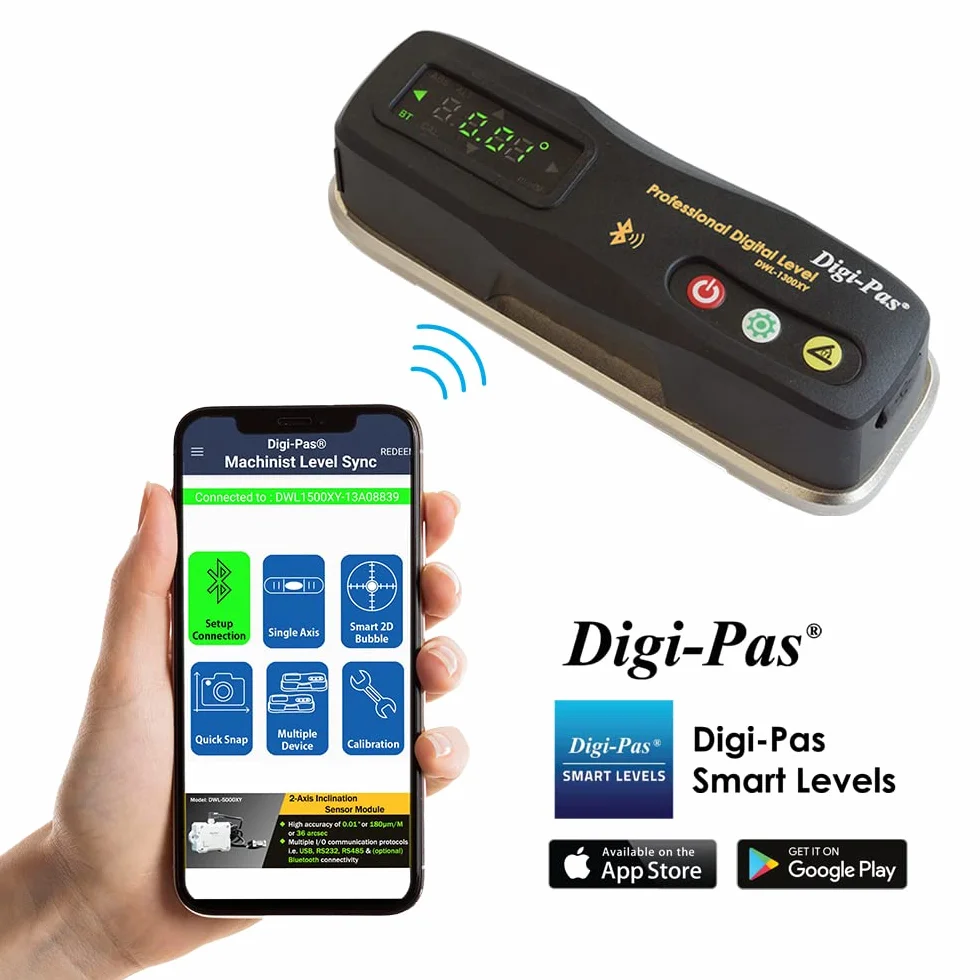 Digi-Pas 2-Achsen Smart Machinist Digitale Wasserwaage DWL1300XY Bluetooth 0,002 Zoll/Fuß (0,2 mm/m)