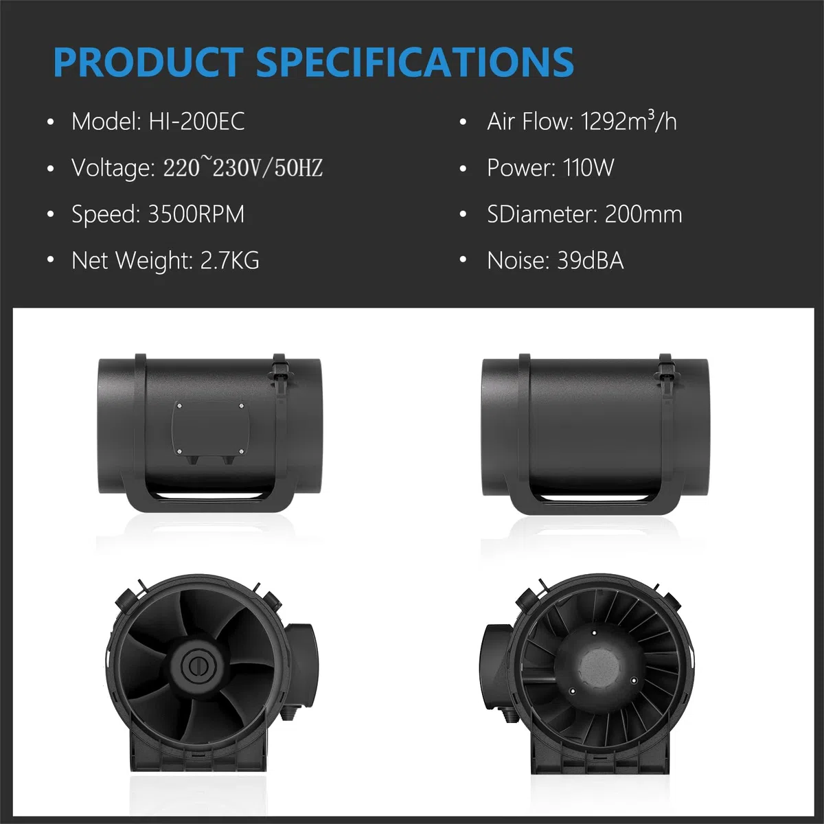 Hon&Guan Rohrventilator 200mm mit Variabler Geschwindigkeitskontrolle, Rohrlüfter mit Regler EC Motor 1292m³/h Leise für Wachstumszelte, Badezimmer, Keller, Garage Zimmer