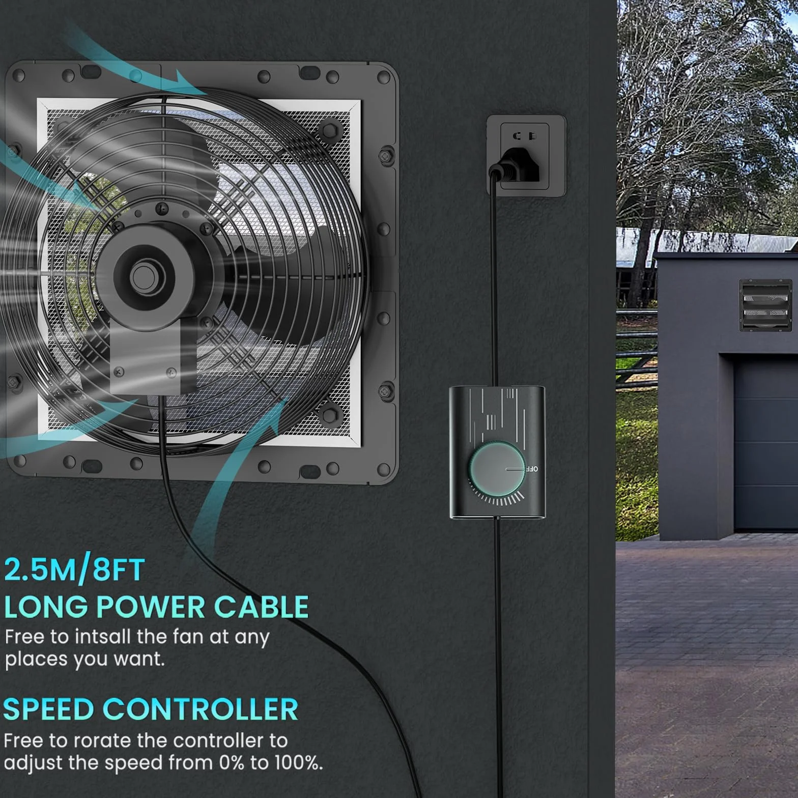 HG Power 250mm Abluftventilator mit Drehzahlregler Industrie Wandventilator 1100m³/h Wandlüfter Regelbar mit Maschensieb Aluminium Fensterventilator mit EU-Stecker für Keller Garage küche Lamellen