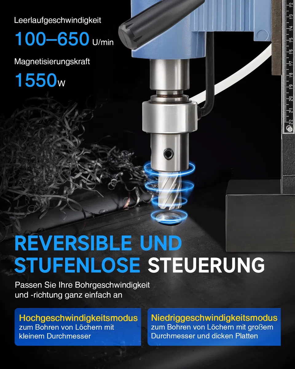 ZELCAN Magnetbohrmaschine, 1550W Standbohrer, 13900N Anpresskraft, 650 U/min, 50mm Bohrtiefe. Lieferung mit 11 HSS-Bohrern 12–27mm und Drehzahlregelung für gewerbliche Metallbearbeitung