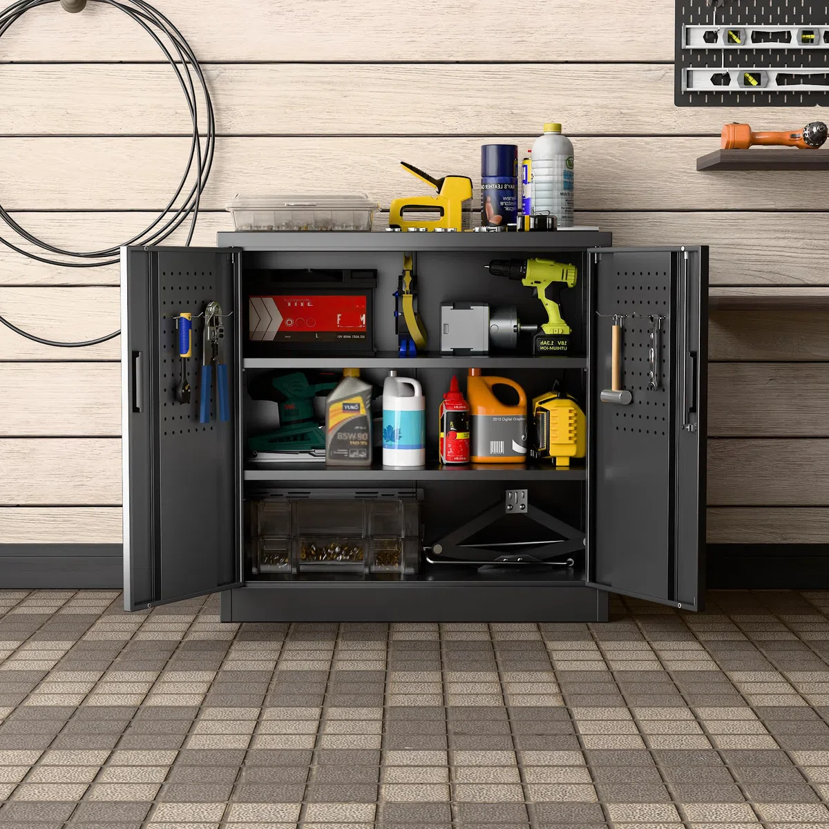 Metallschrank mit Lochplatte und Haken, 80 cm Hoch, 2 Verstellbare Regalböden, Geeignet für Zuhause, Büro, Garage, Schule, Zum Selbstaufbau, Schwarz