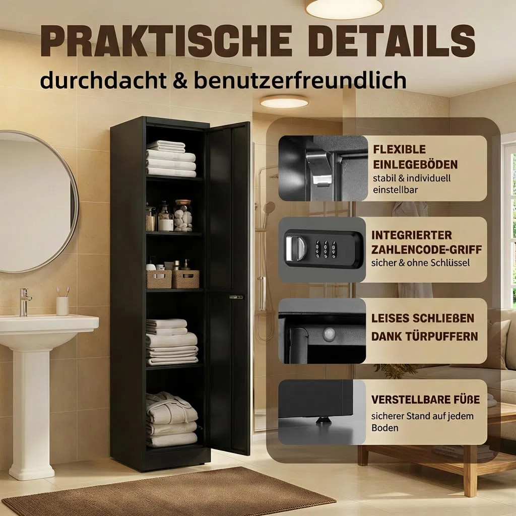 Spind Schrank, Mehrzweckschrank, Stahlschrank 40 cm breit, Aktenschrank Abschließbar mit 1 Tür & 4 Einlegeböden, Büroschrank für Ecke, Badezimmer, Küche, 180x40x35cm Schwarz