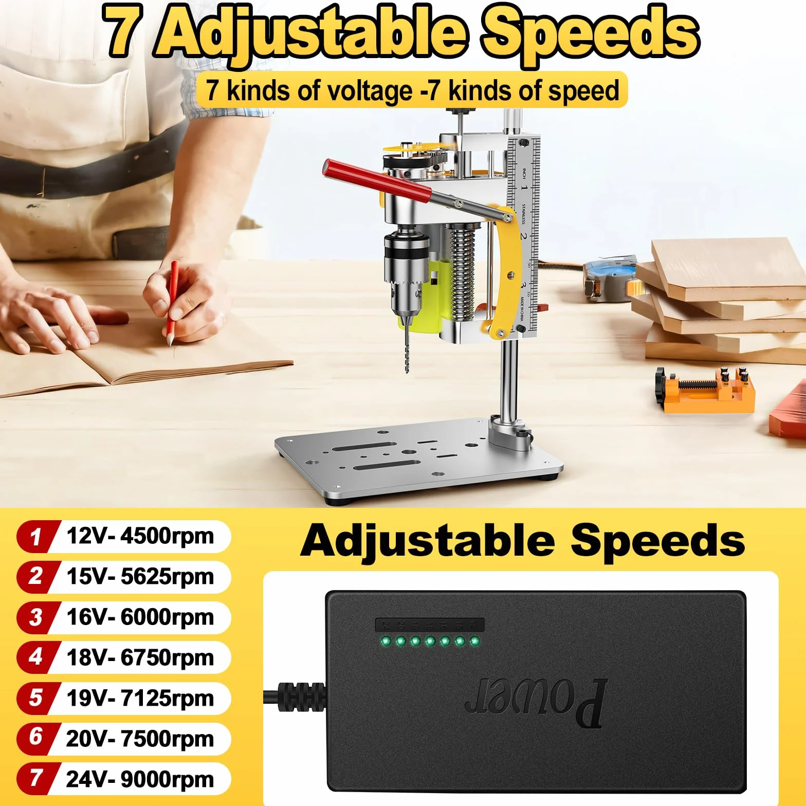 Yofuly Säulenbohrmaschine Mini-Bohrmaschine mit 7 Geschwindigkeiten, Mini Bank Tischbohrmaschine Drehzahlreglung Bankbohrmaschine für Holz, Metall und Kunststoff Electric Drill Press
