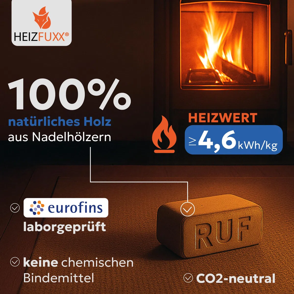 Holzbriketts RUF Original Blue - Weichholzbriketts Palette 300 kg (30x10 kg) - Premium Briketts für Kamin, Heizkessel & Ofen - Hoher Heizwert, geringer Aschegehalt & maximale Energieausbeute