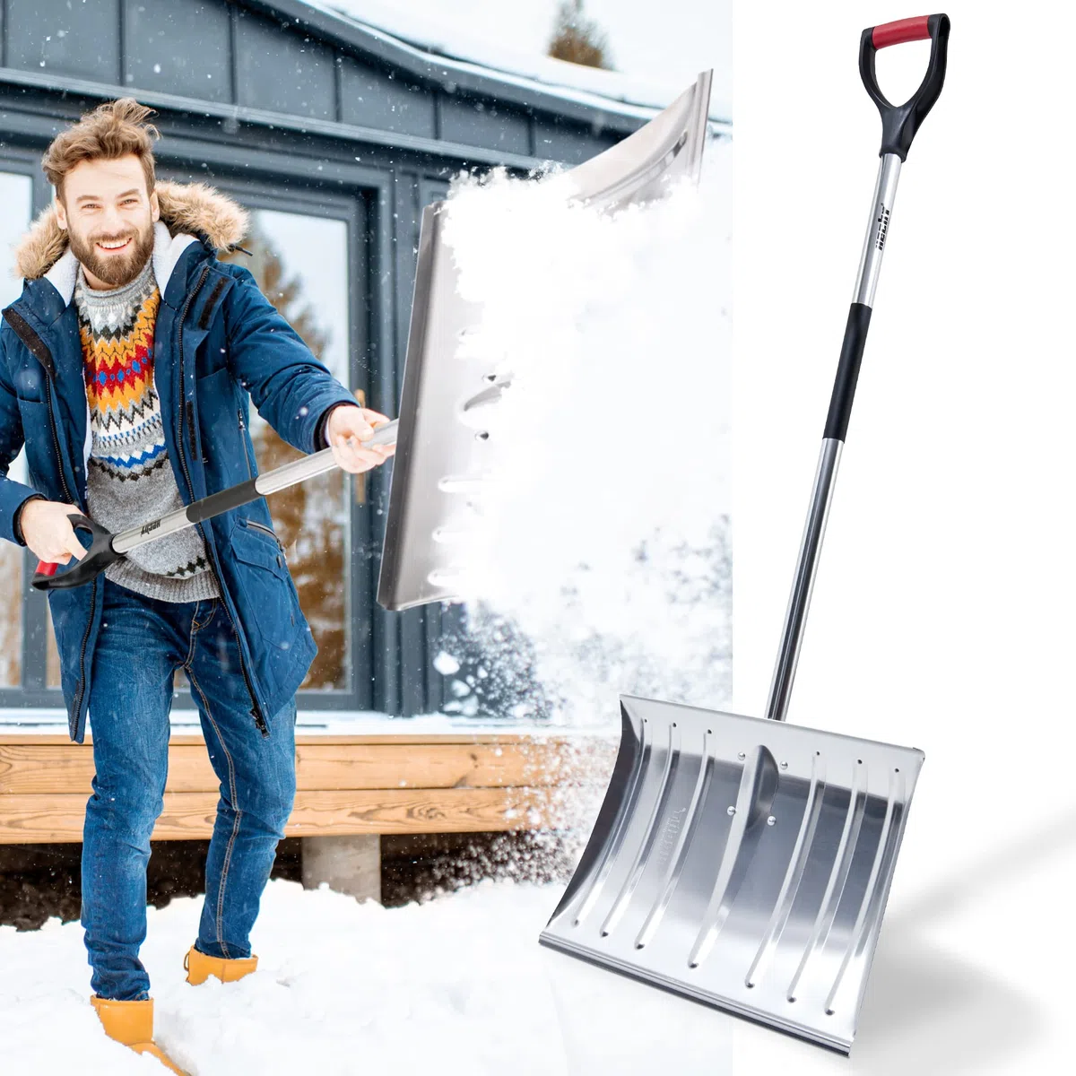 Hecht Profi Schneeschieber - Schneeschaufel mit leichtem Stiel aus Aluminium – 46 cm Metallblatt – Schiebekante – Ideale Schaufel für den Winterdienst – Premium Schneeschieber