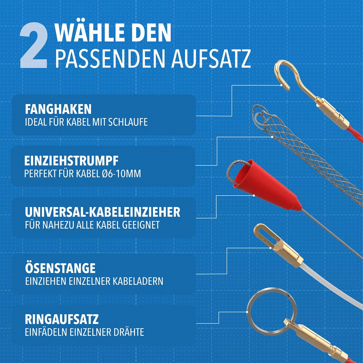Einziehspirale 30 m – Fiberglas Kabeleinziehhilfe mit Kupferkopf & 5 Zubehörteilen – Kabel Einzugshilfe für Leerrohr, Elektro & Glasfaser – Zugdraht Orange, Griff Schwarz (30)