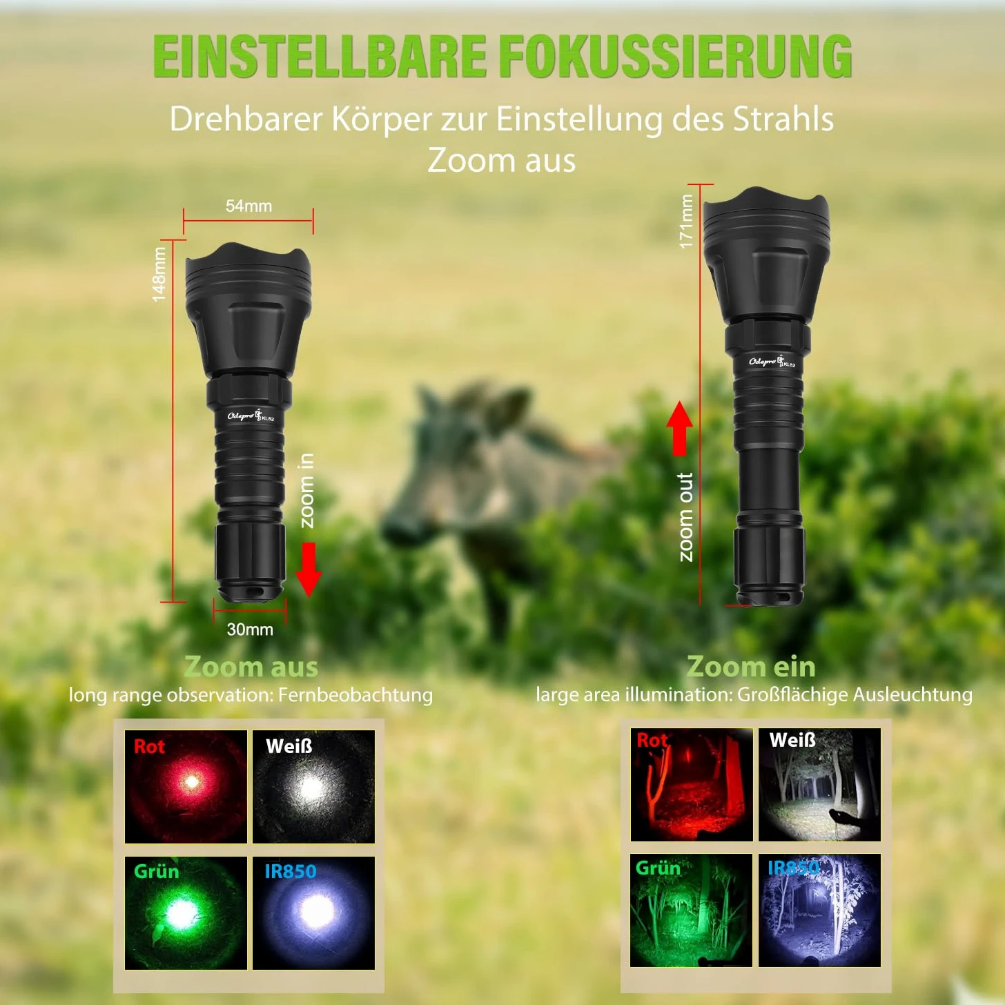 KL52 Plus Taschenlampe LED mit Weiß,Rot,Grün,IR850, Zoom Taktische Taschenlampen, IP68 Wasserdichte Leuchte mit Fernschalter für Outdoor,Camping,Wandern,Notfäll