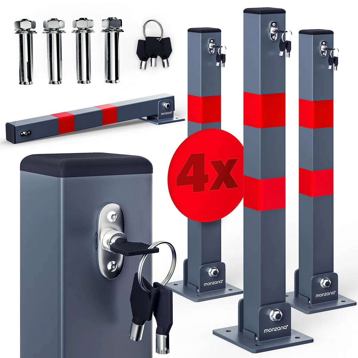 DEUBA® 4x Parkpfosten Parkplatzsperre 3 Schlüssel Sperrpfosten klappbar Stahl Robust Standfuß Stabil Park Poller Set