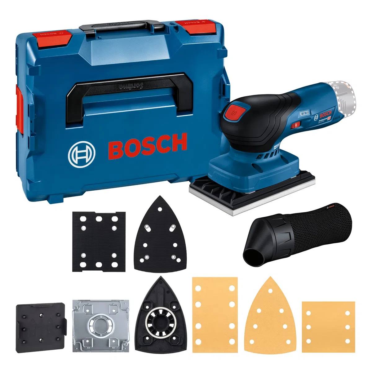 Bosch Professional 12V System Akku-Schwingschleifer GSS 12V-13 (inkl. 3 x Schleifplatte, 3 x Schleifblatt, Staubbeutel, in L-BOXX) + 1x Expert Dual Density Handschleifblock