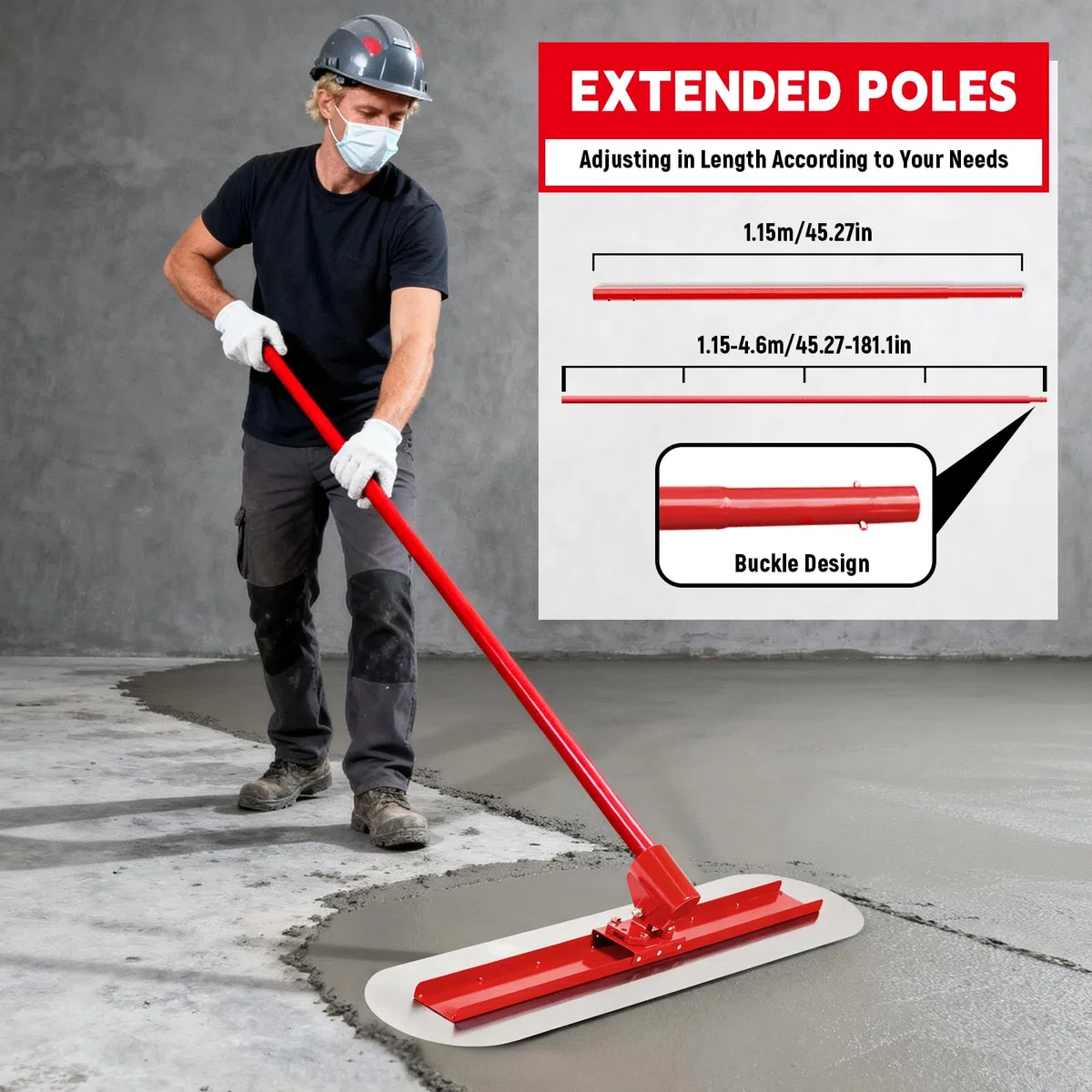 LIROPAU Betonglätter-Werkzeugsatz, Bull Float Concrete Float 90x20cm, Edelstahl-Betonglätter mit Kelle und 4 x 1,15 m verstellbarer Halterung zum Pflastern von Betonböden und Zement