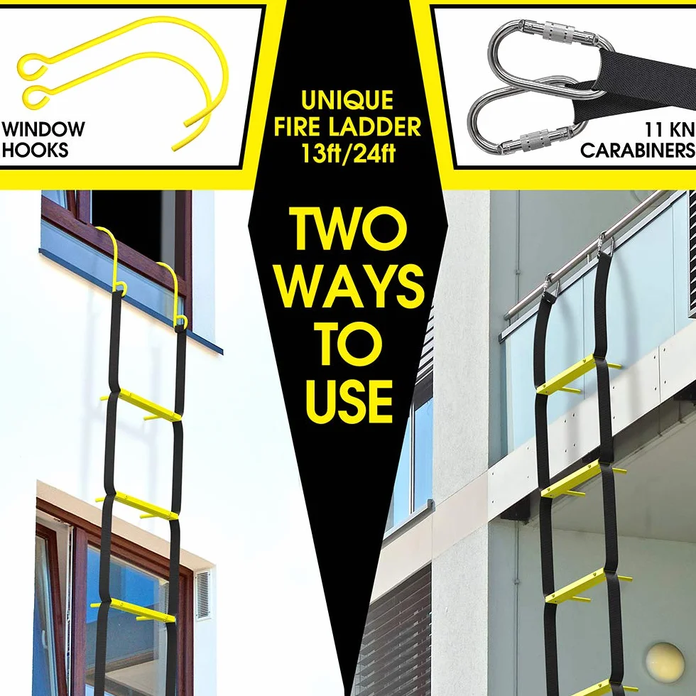 ISOP Zertifizierte Feuerleiter 4 m Einziehbare Strickleiter für 1-Stöckige Häuser Kompakt & Tragbar Rettungsleiter Geeignet für Balkon & Fenster Flucht mit Haken und Befestigung
