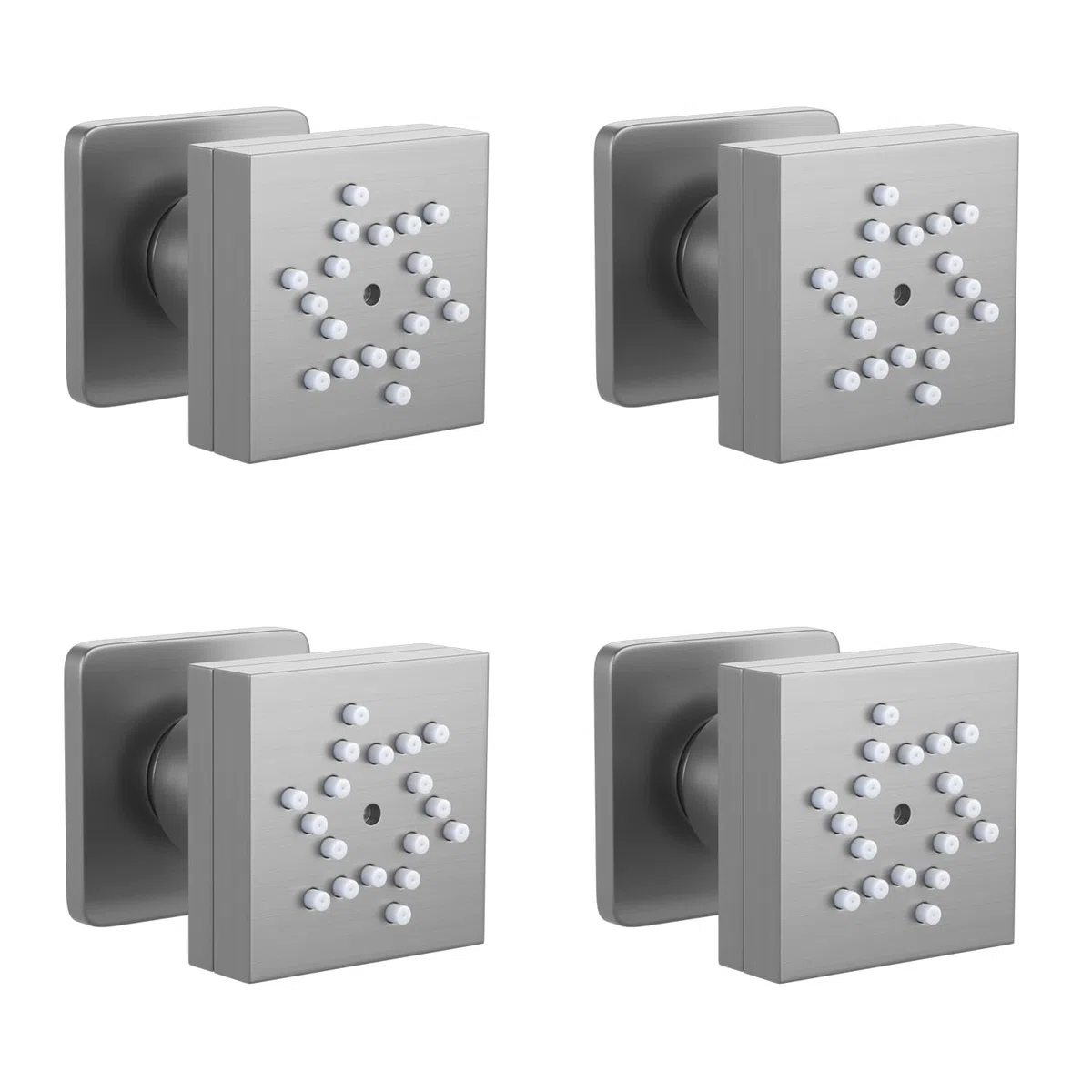 Duschkopf-Sprühdüse, gebürstetes Nickel, Messing, quadratisch, Wandmontage, 2 Funktionen, schwenkbar, Massagedüse, 4 Stück