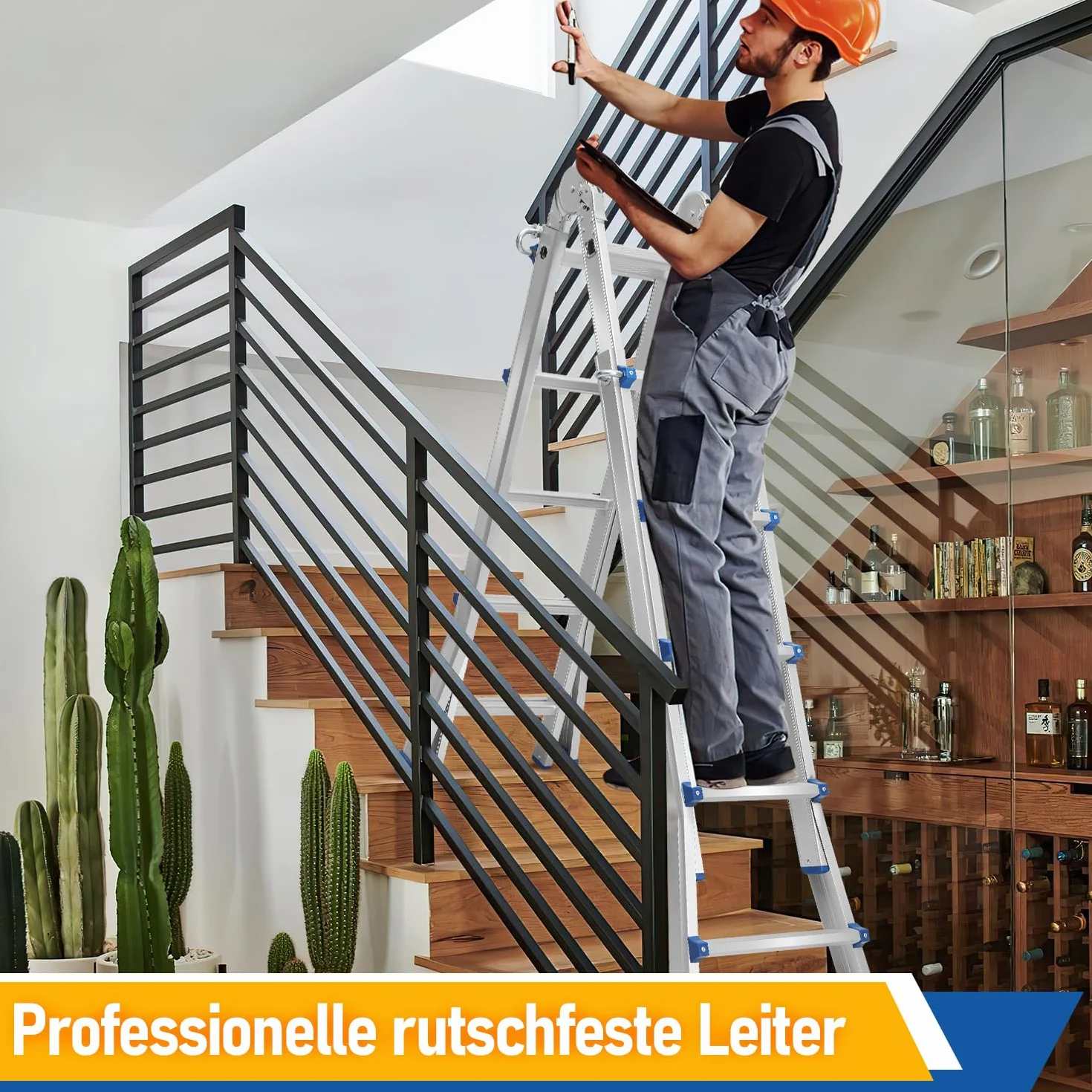 Aluleiter Mehrzweckleiter, 513CM 4x5 Sprossen Teleskopleiter, 4 in 1 Klappleiter 150 kg Belastbarkeit, Bockleiter Schiebeleiter, Beidseitige Steh und Treppenleiter