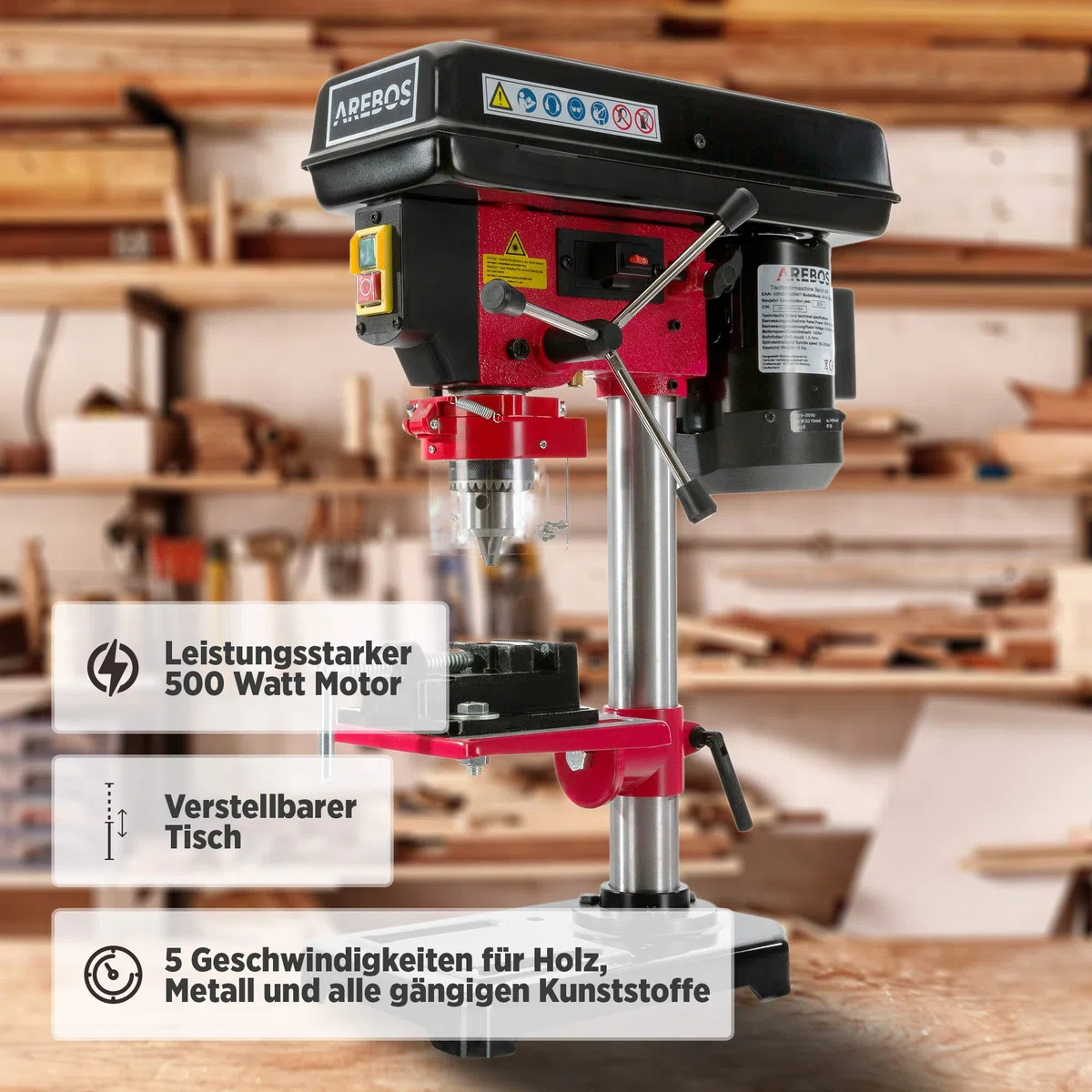 Arebos Tischbohrmaschine | Säulenbohrmaschine | mit integriertem Positionslaser | 500 W | inkl. 13 mm Zahnkranzbohrfutter und Schraubstock | 5 Geschwindigkeitsstufen | 0 – 45 Grad Neigungswinkel