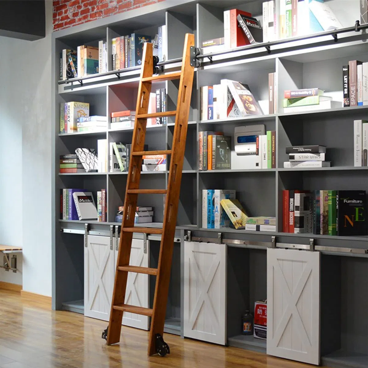 Schwarze rollende Bibliotheksleiter-Hardware, Schiebeleiter-Hardware-Kit (ohne Leiter), mit Bodenrollenrädern, Mobile Leiterschiene aus rundem Stahlrohr (Größe: 10 Fuß/300 cm Schienen-Kit)