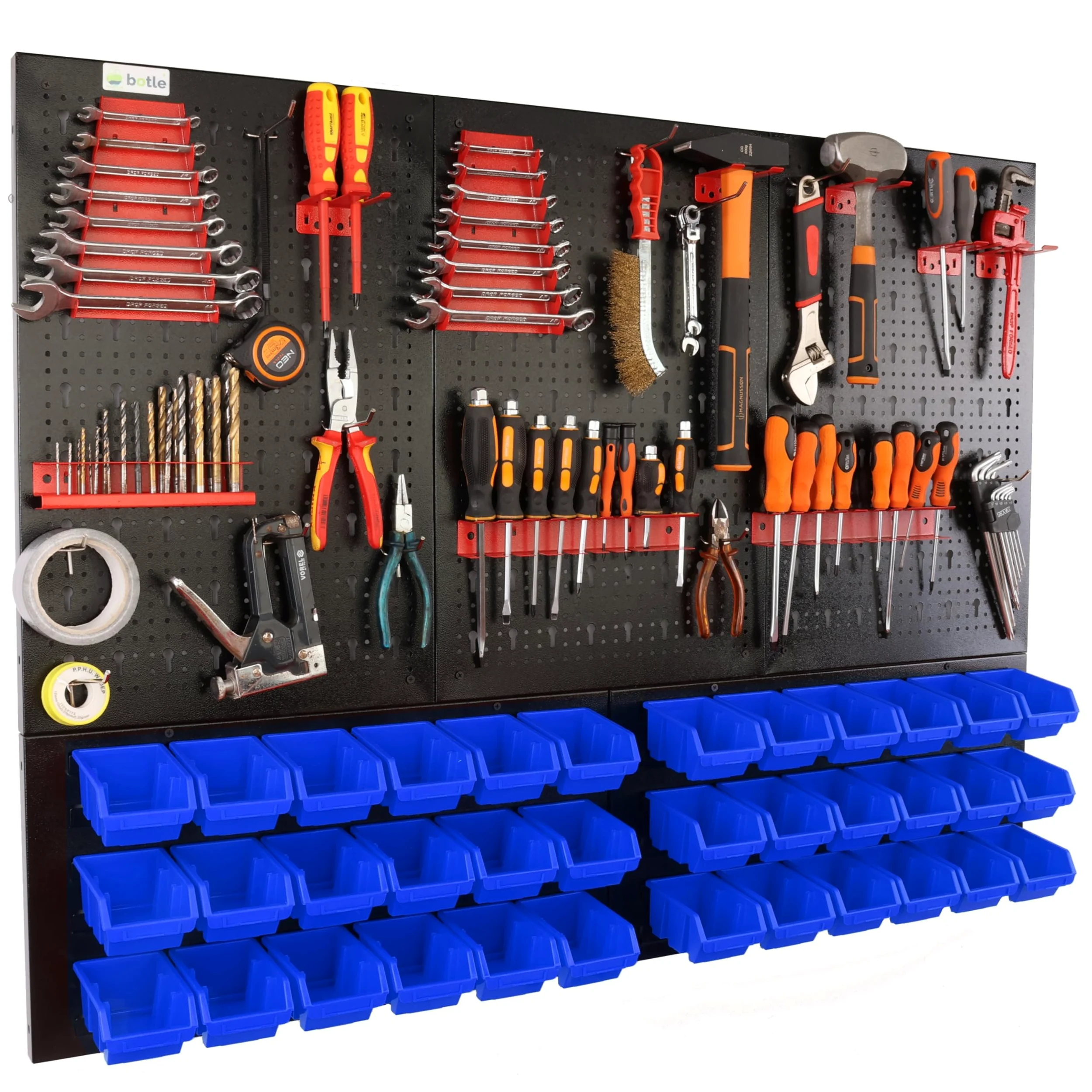 botle® Werkzeugwand Lochwand aus Metall, Stapelboxen + Wandregal + Werkzeughalter 63-tlg Set, Kleinteilelager, Wandwerkstatt mit 36 stapelbaren Blau Behältern, Hängeregal Sortierregal