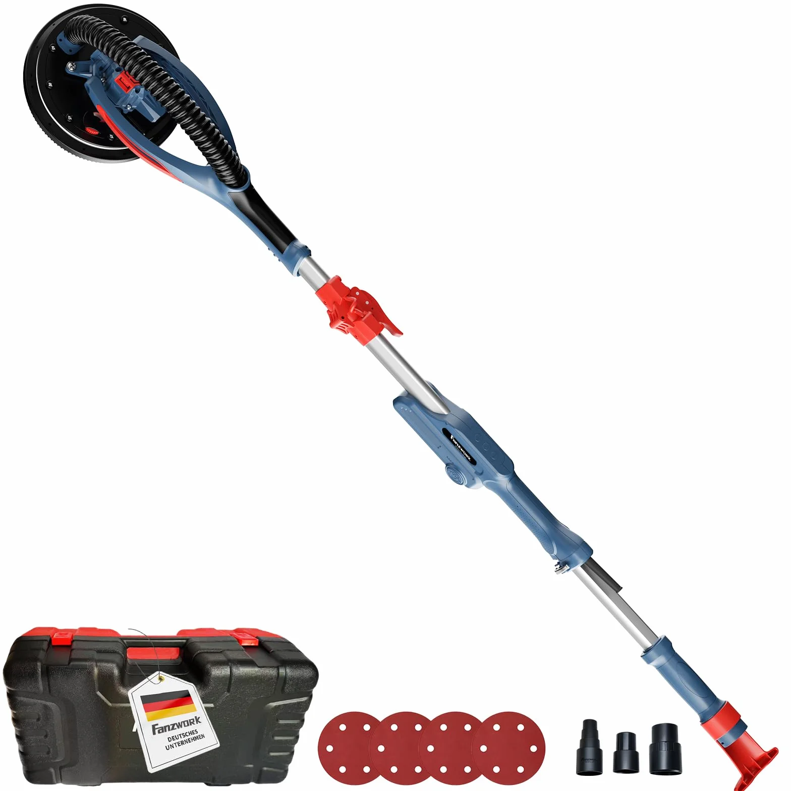 FANZWORK Trockenbauschleifer mit Bürstenlosem EC-Motor 900W, ULTRA-Leicht, 225mm Schleifgiraffe, bis 2300 U/min, Länge bis 1,9m, inkl. LED, 3,8m Kabel, Schleifscheiben, Sauger-Adapter, Tragkoffer